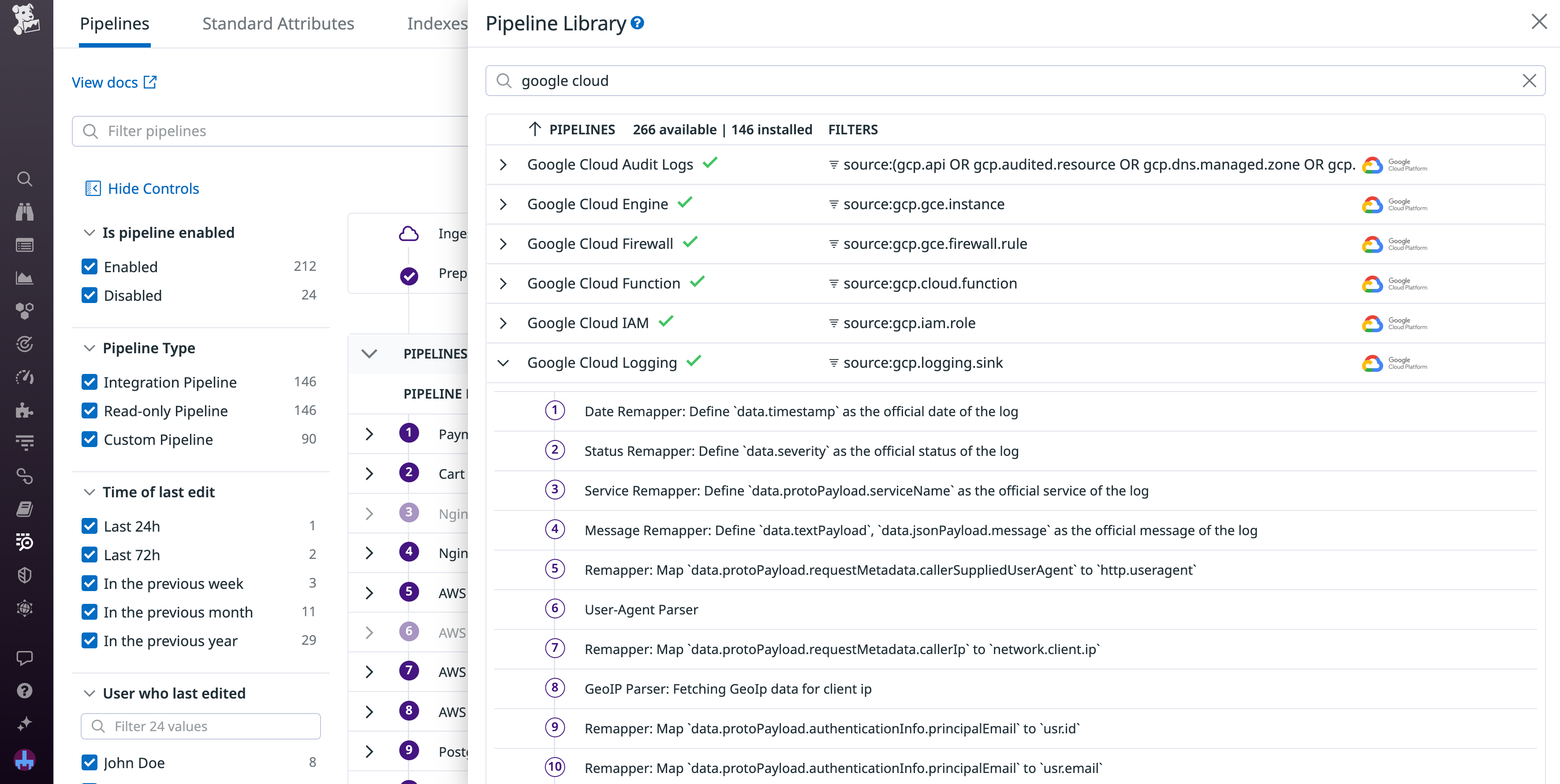 The library of Google Cloud pipelines in Datadog, with the Logging pipeline expanded to show every step.
