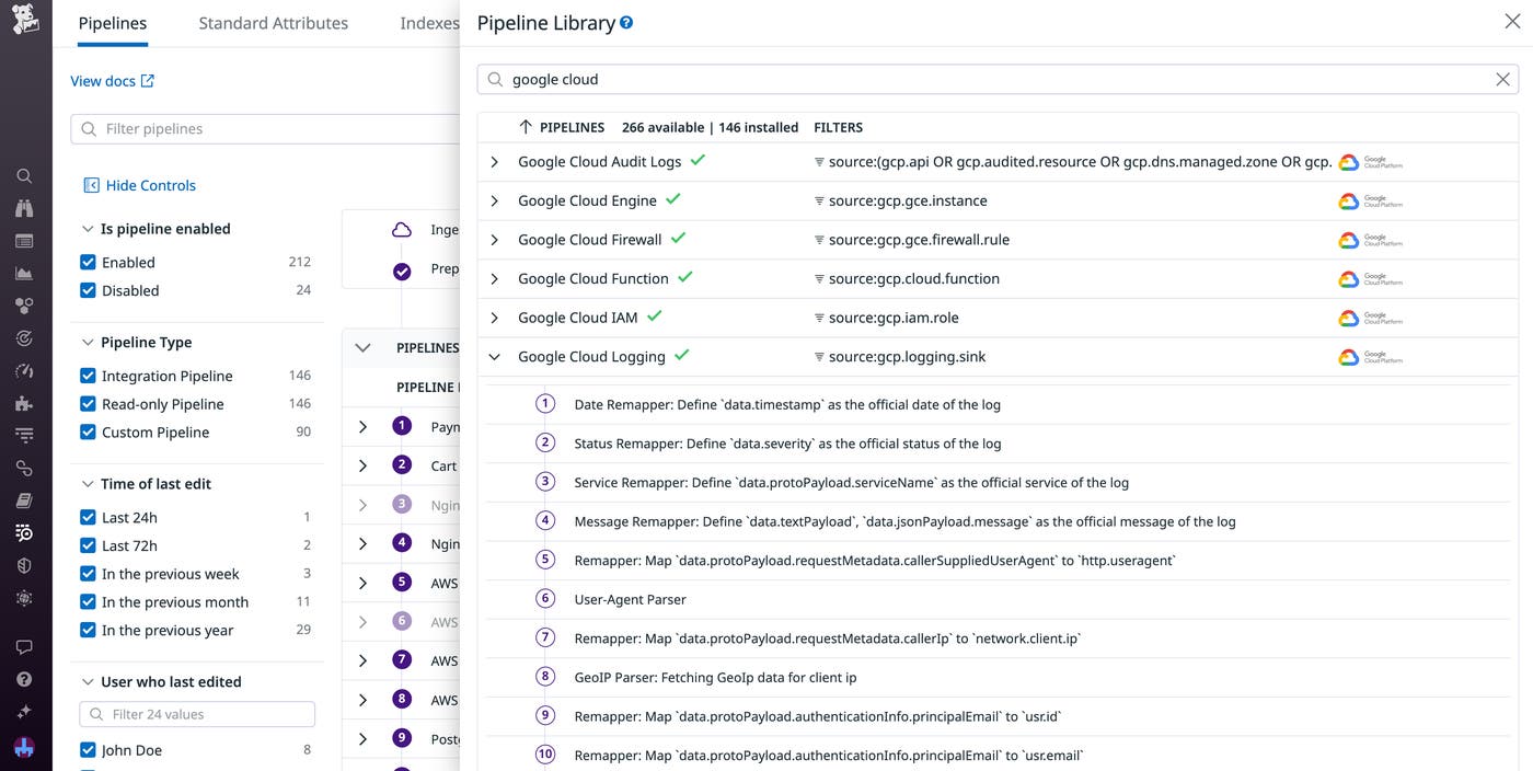 The library of Google Cloud pipelines in Datadog, with the Logging pipeline expanded to show every step. The library of Google Cloud pipelines in Datadog, with the Logging pipeline expanded to show every step.