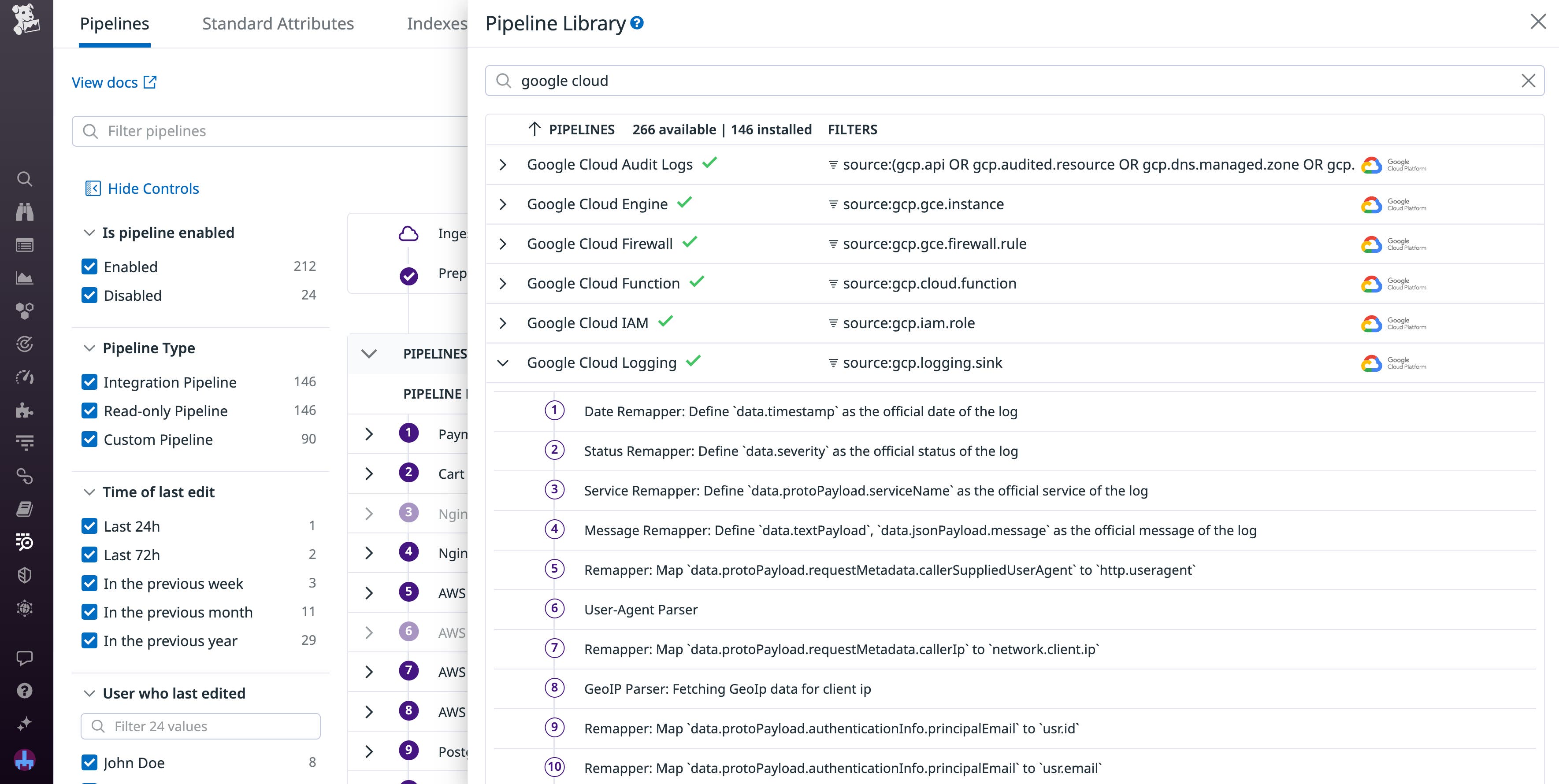 The library of Google Cloud pipelines in Datadog, with the Logging pipeline expanded to show every step. The library of Google Cloud pipelines in Datadog, with the Logging pipeline expanded to show every step.