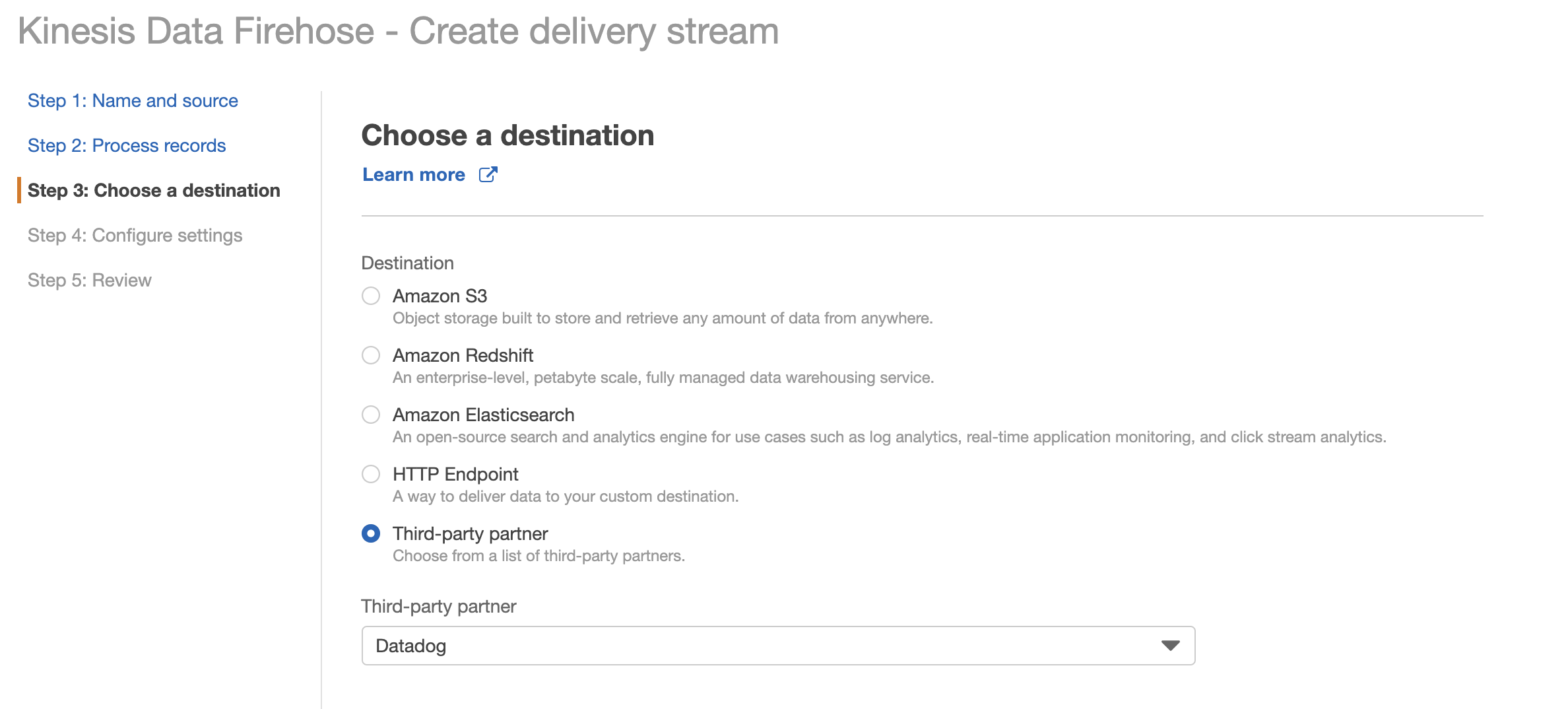 Add Datadog as a third party option for Amazon Data Firehose delivery stream