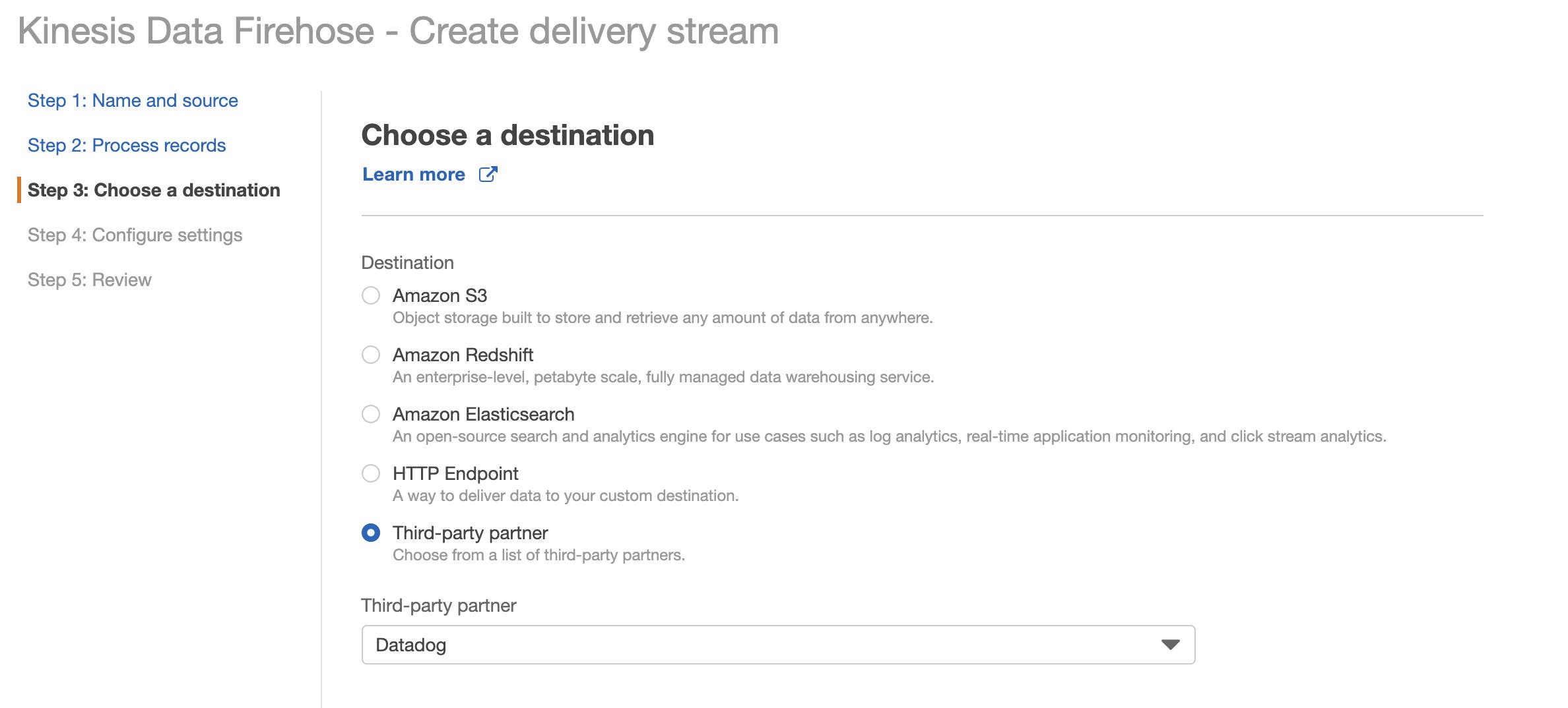 Add Datadog as a third party option for Amazon Data Firehose delivery stream Add Datadog as a third party option for Amazon Data Firehose delivery stream