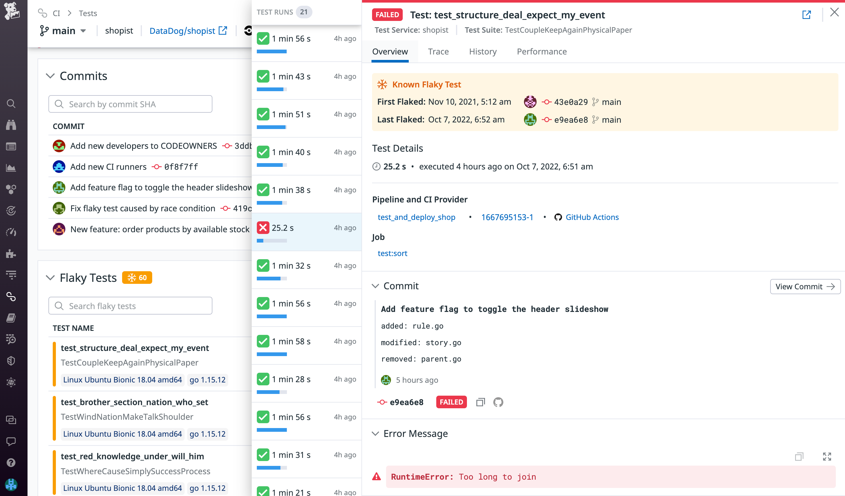 Automatically detect flaky tests with Datadog CI Visibility