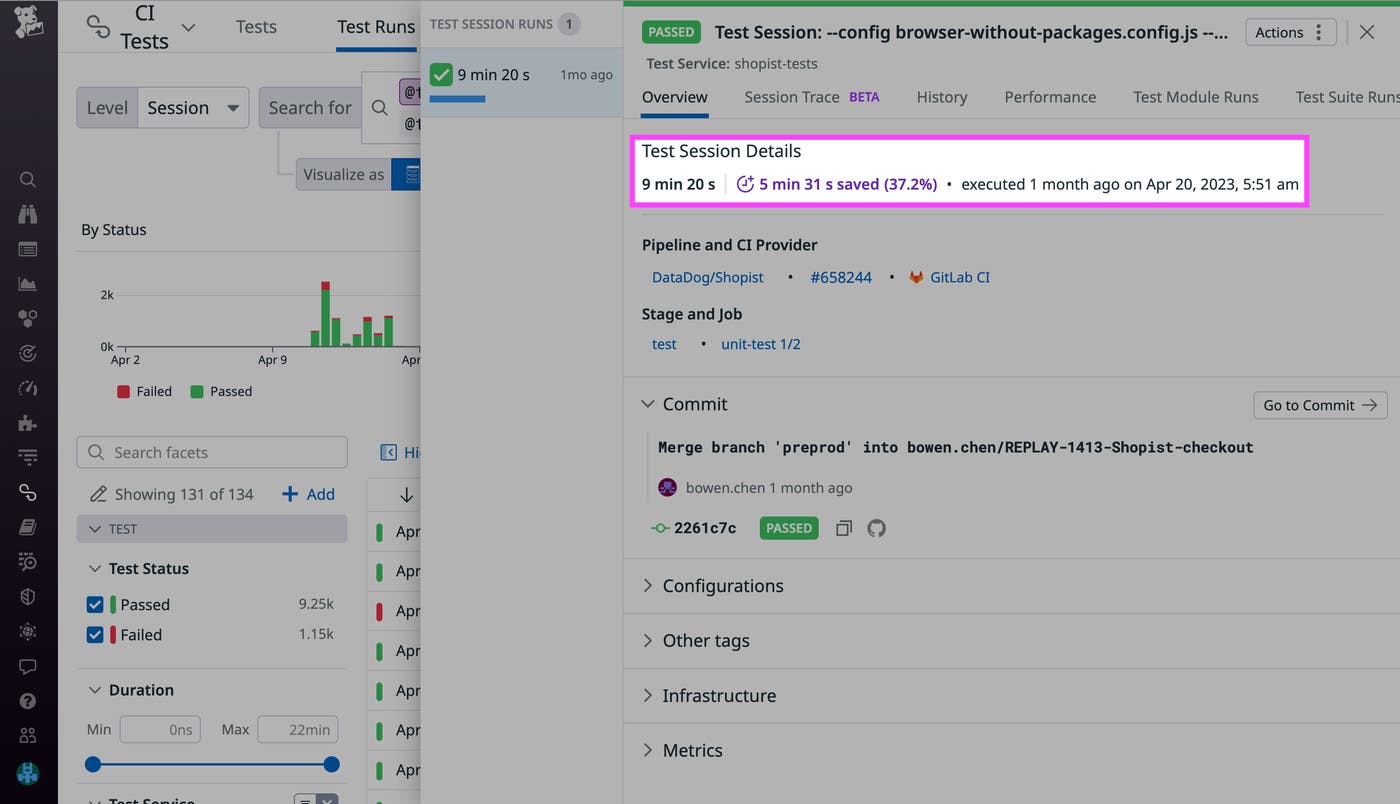 View the time saved by inspecting any test session with Test Impact Analysis enabled. View the time saved by inspecting any test session with Test Impact Analysis enabled.