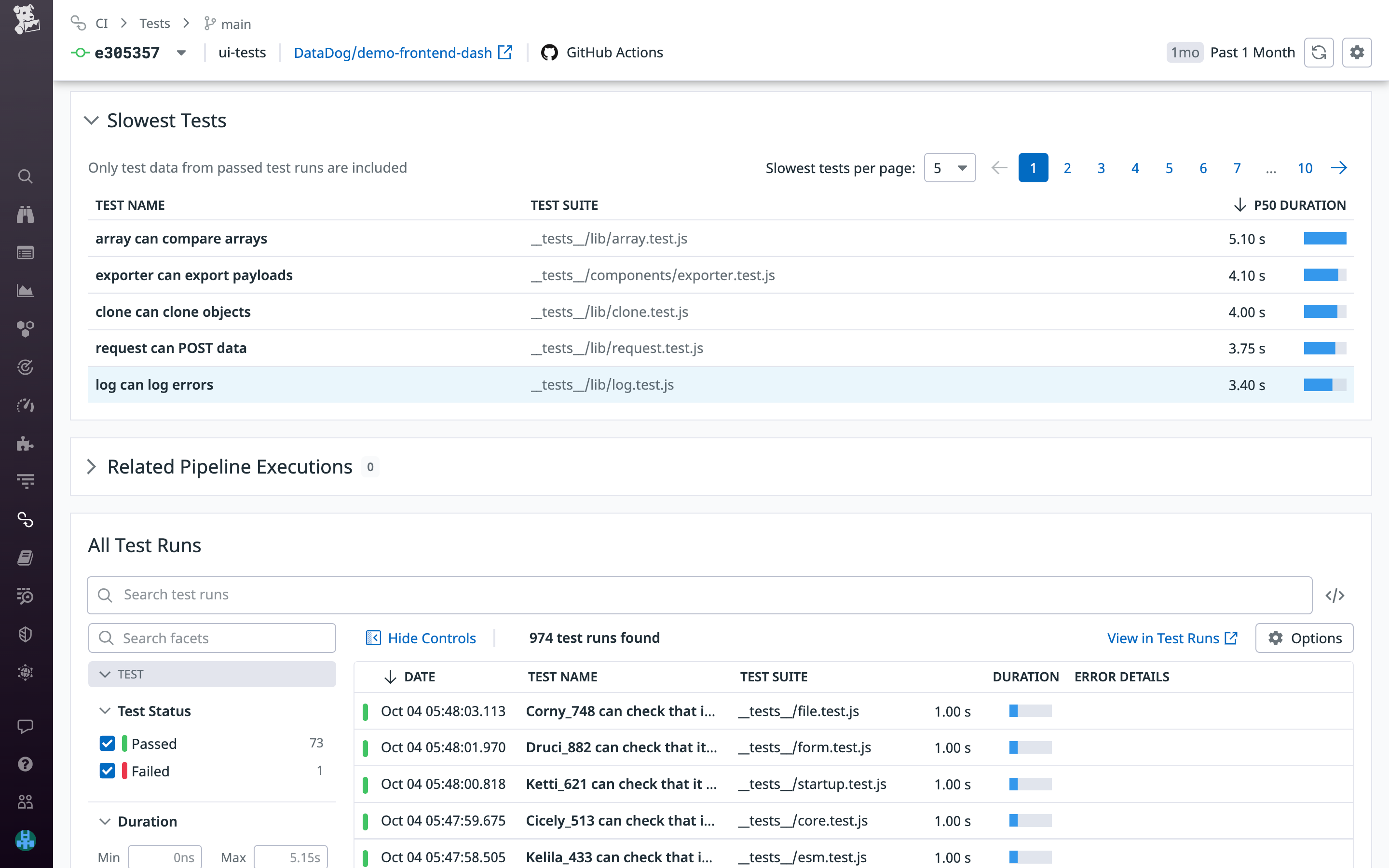 Drill into slow and flaky tests with Datadog.