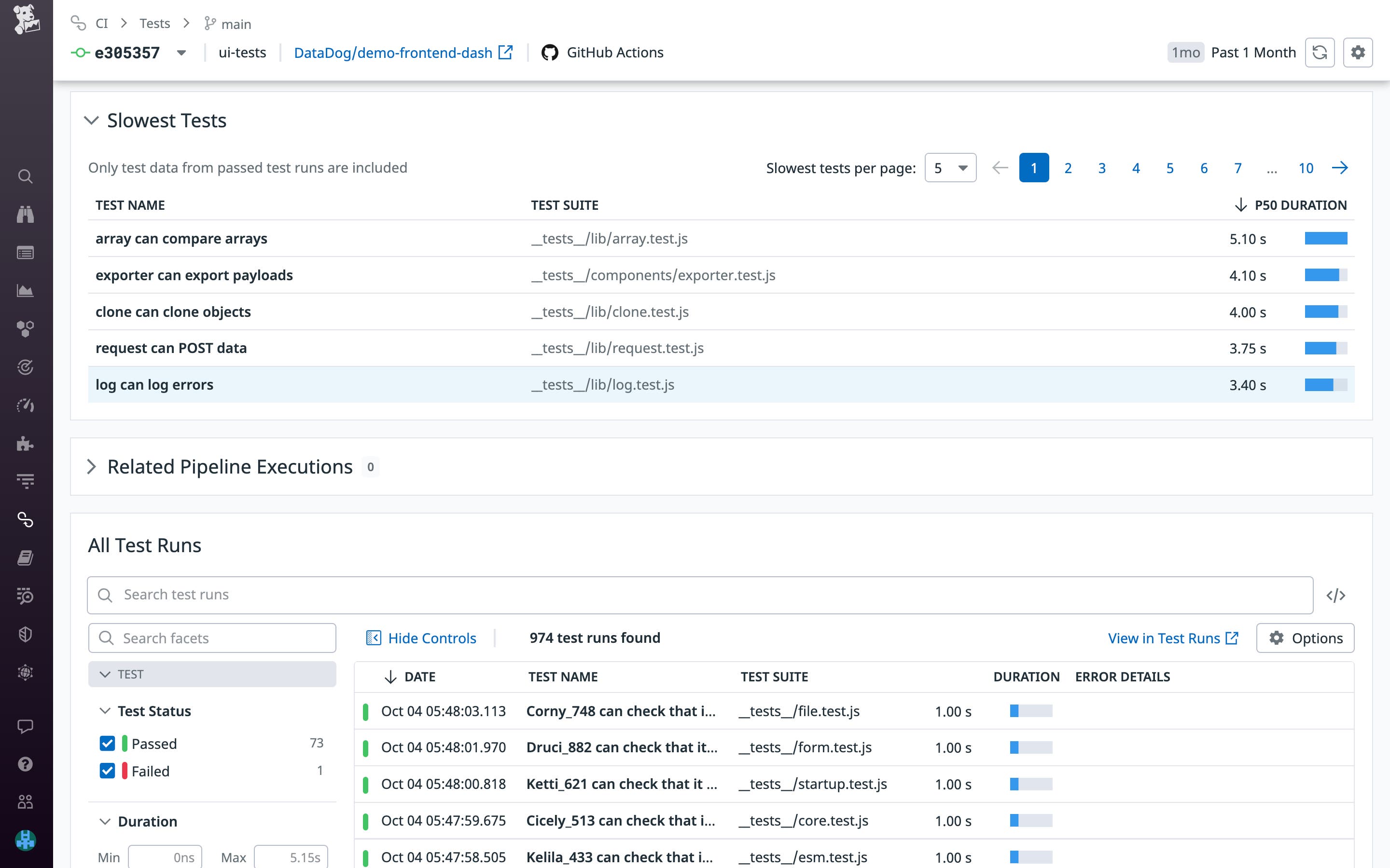 Drill into slow and flaky tests with Datadog. Drill into slow and flaky tests with Datadog.
