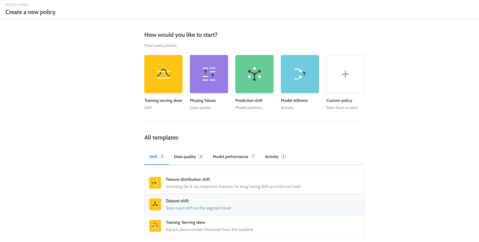 Configure policies using Superwise's flexible policy template builder.