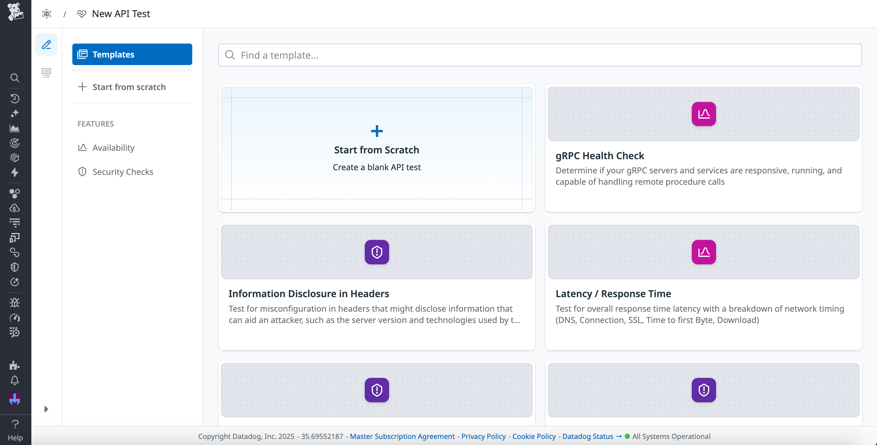 A list of templates for a new API test within Synthetic Monitoring.