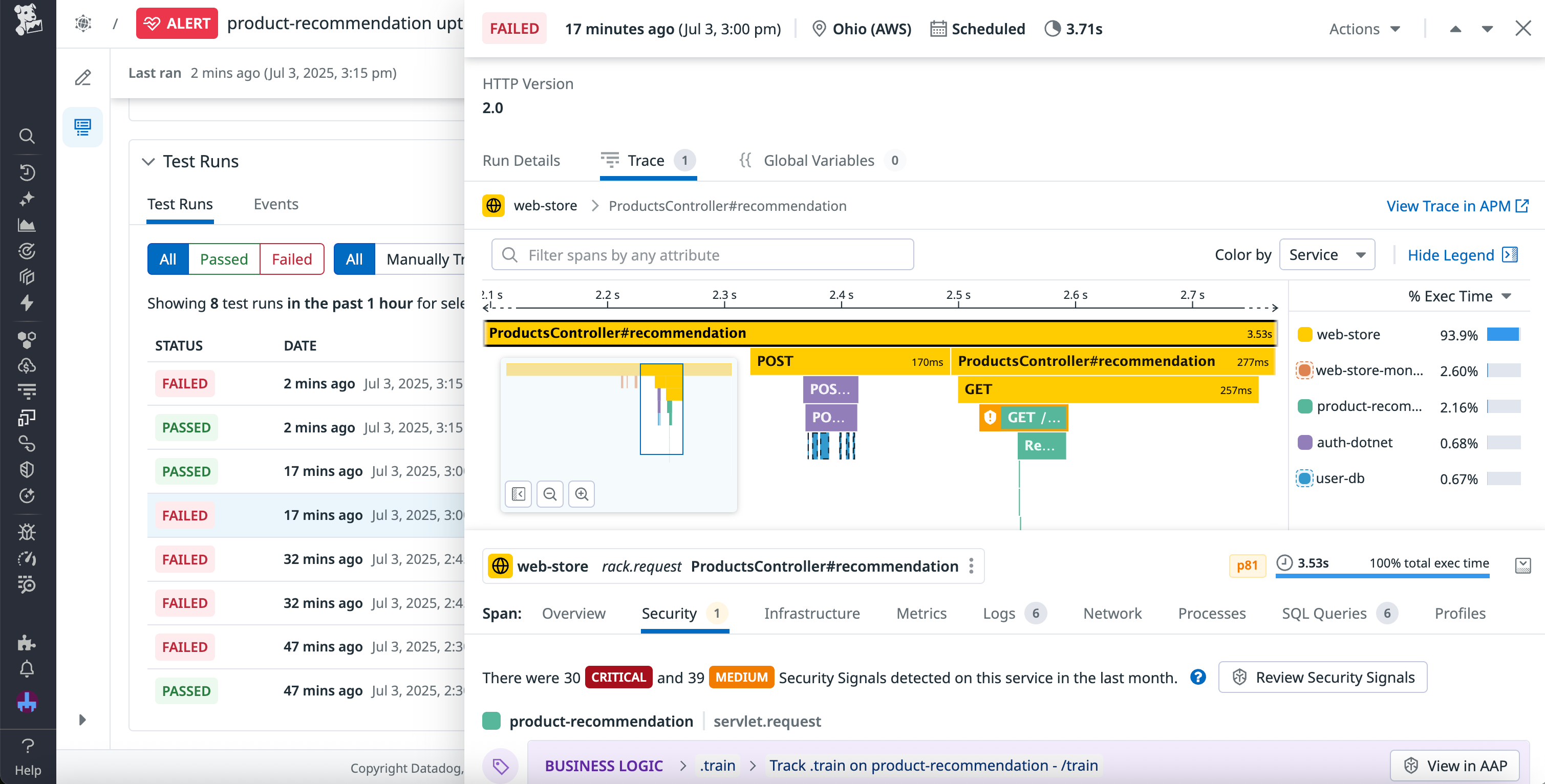 A trace for a synthetic test step.