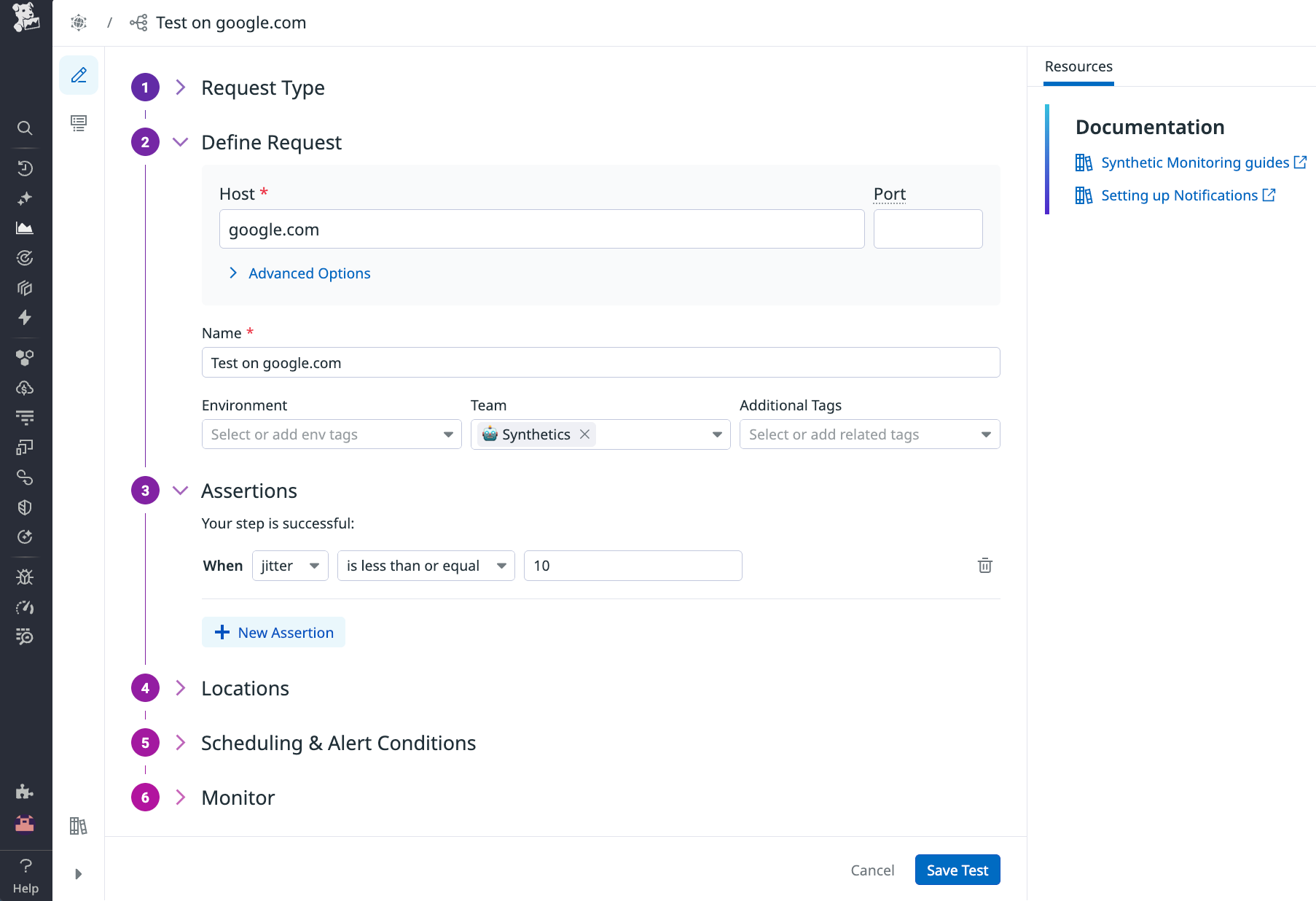 Screenshot of a test configuration in Datadog Synthetic Monitoring. The configuration includes an assertion that the step is successful when jitter is less than or equal to 10.