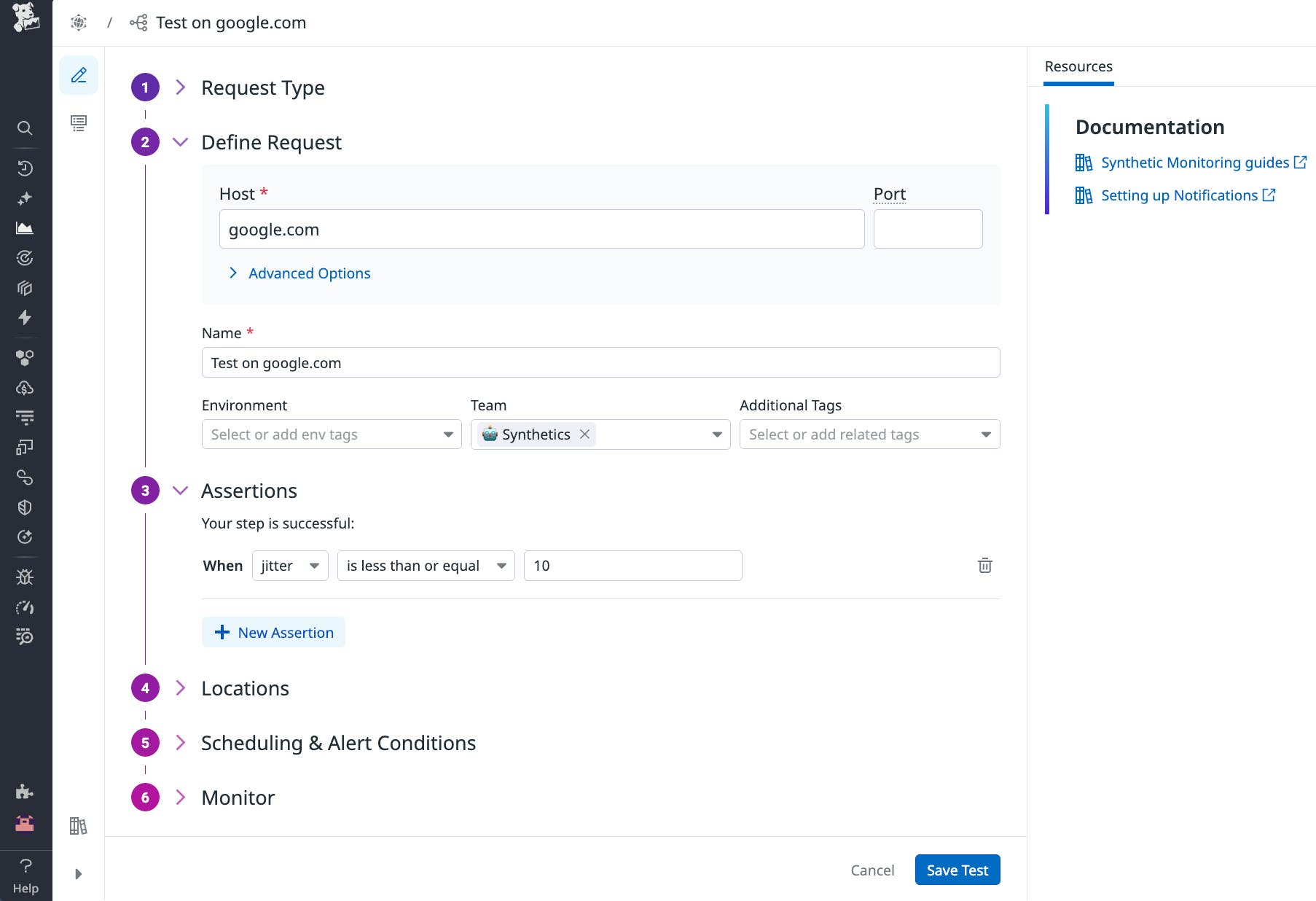 Screenshot of a test configuration in Datadog Synthetic Monitoring. The configuration includes an assertion that the step is successful when jitter is less than or equal to 10. Screenshot of a test configuration in Datadog Synthetic Monitoring. The configuration includes an assertion that the step is successful when jitter is less than or equal to 10.