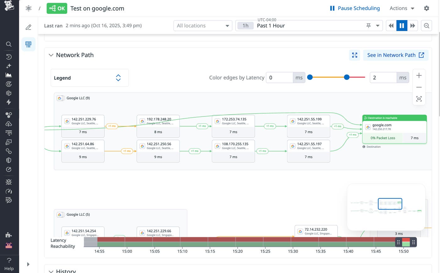 Screenshot in Datadog Synthetic Monitoring that shows latency, packet loss, and hop-by-hop performance. Screenshot in Datadog Synthetic Monitoring that shows latency, packet loss, and hop-by-hop performance.