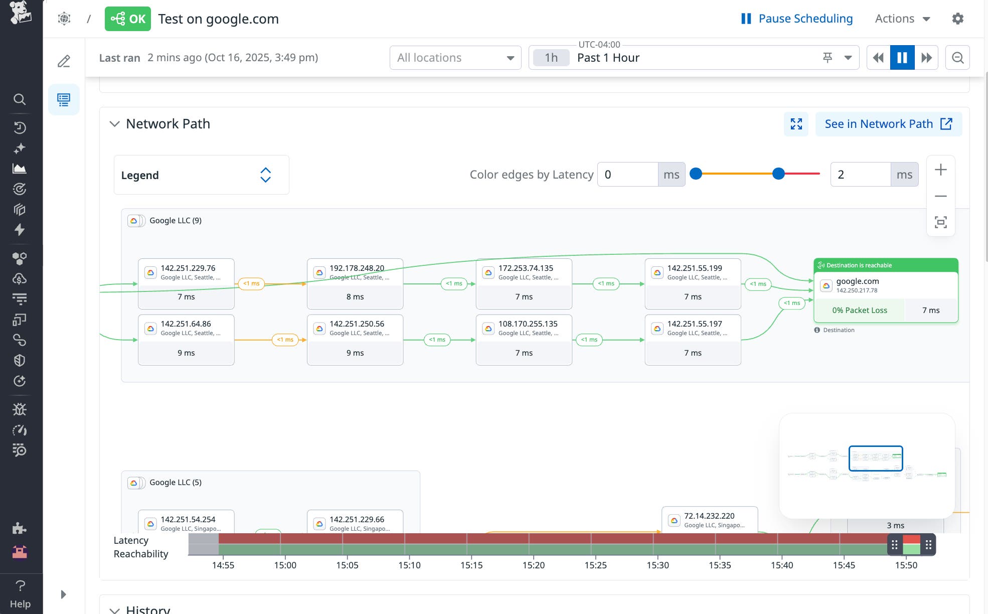 Screenshot in Datadog Synthetic Monitoring that shows latency, packet loss, and hop-by-hop performance. Screenshot in Datadog Synthetic Monitoring that shows latency, packet loss, and hop-by-hop performance.