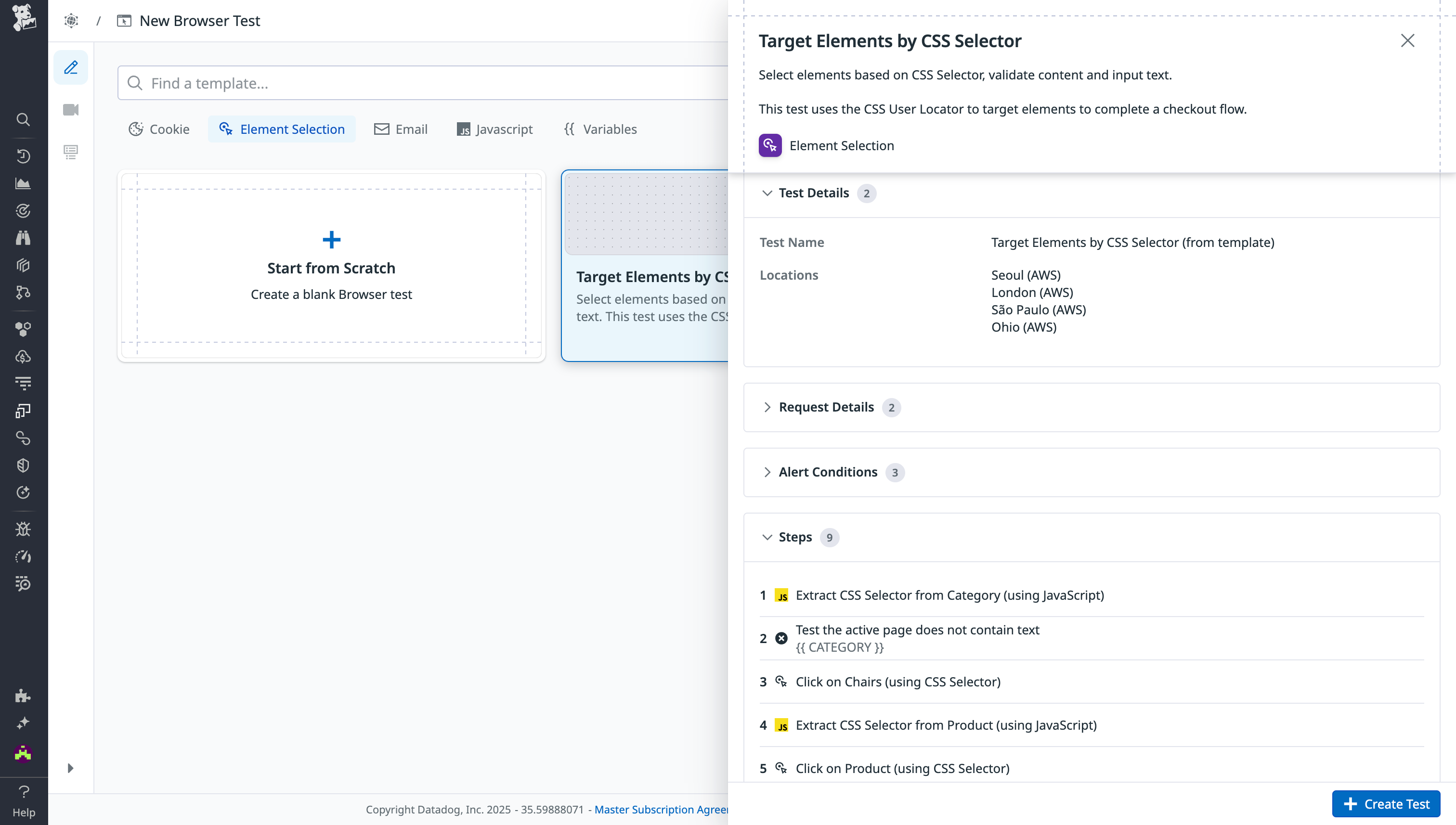 Element selection template with side panel in Synthetic Monitoring