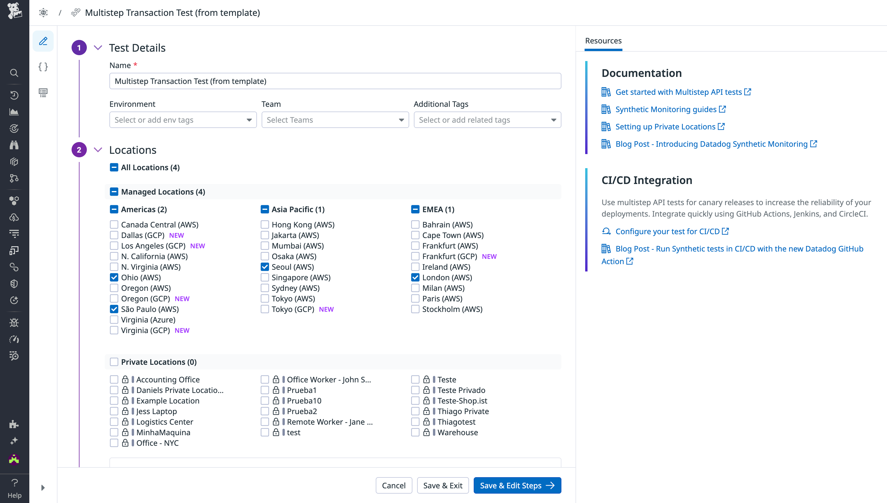 Test details page for API test creation in Synthetic Monitoring