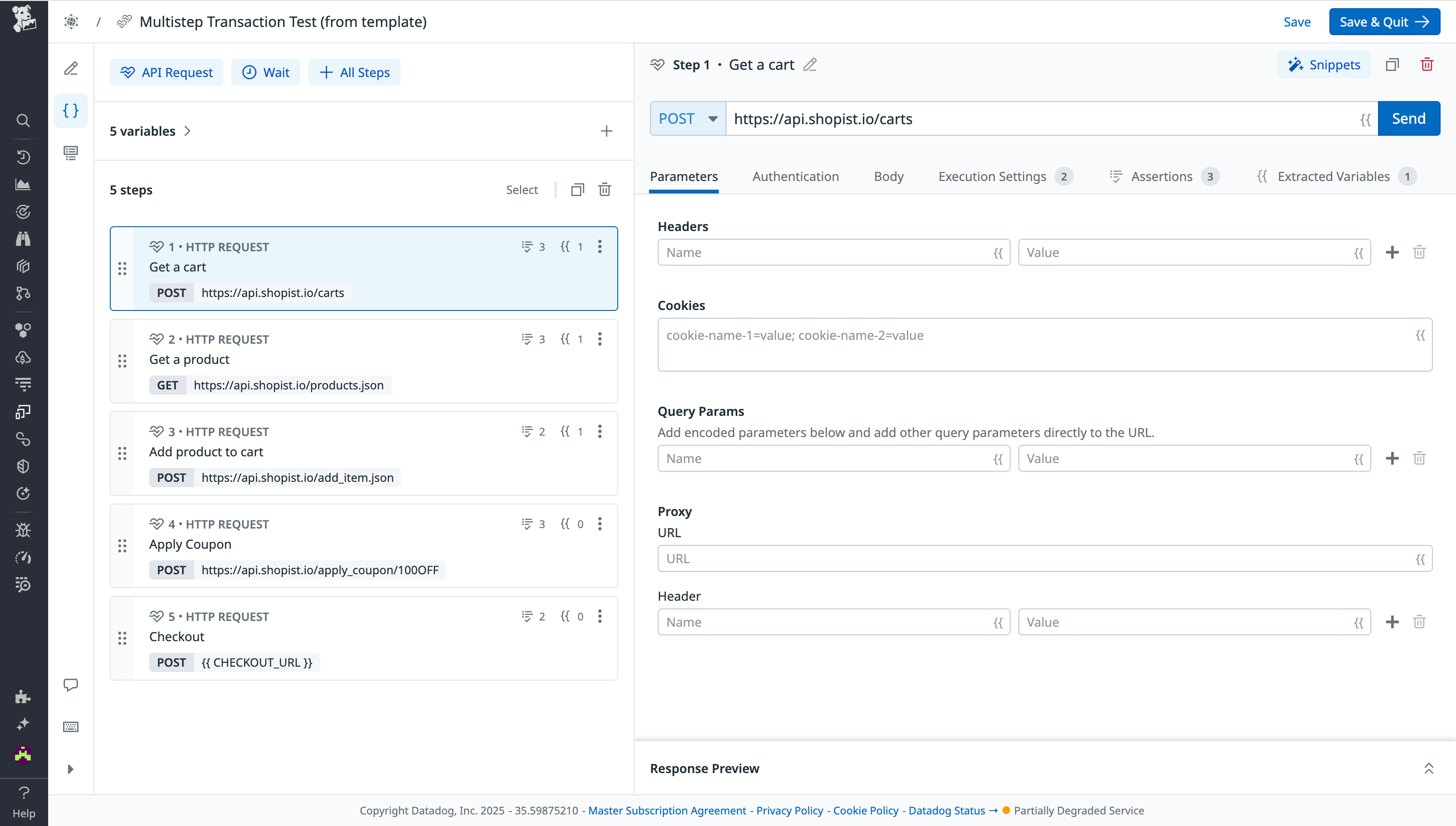 API step page for API test creation in Synthetic Monitoring