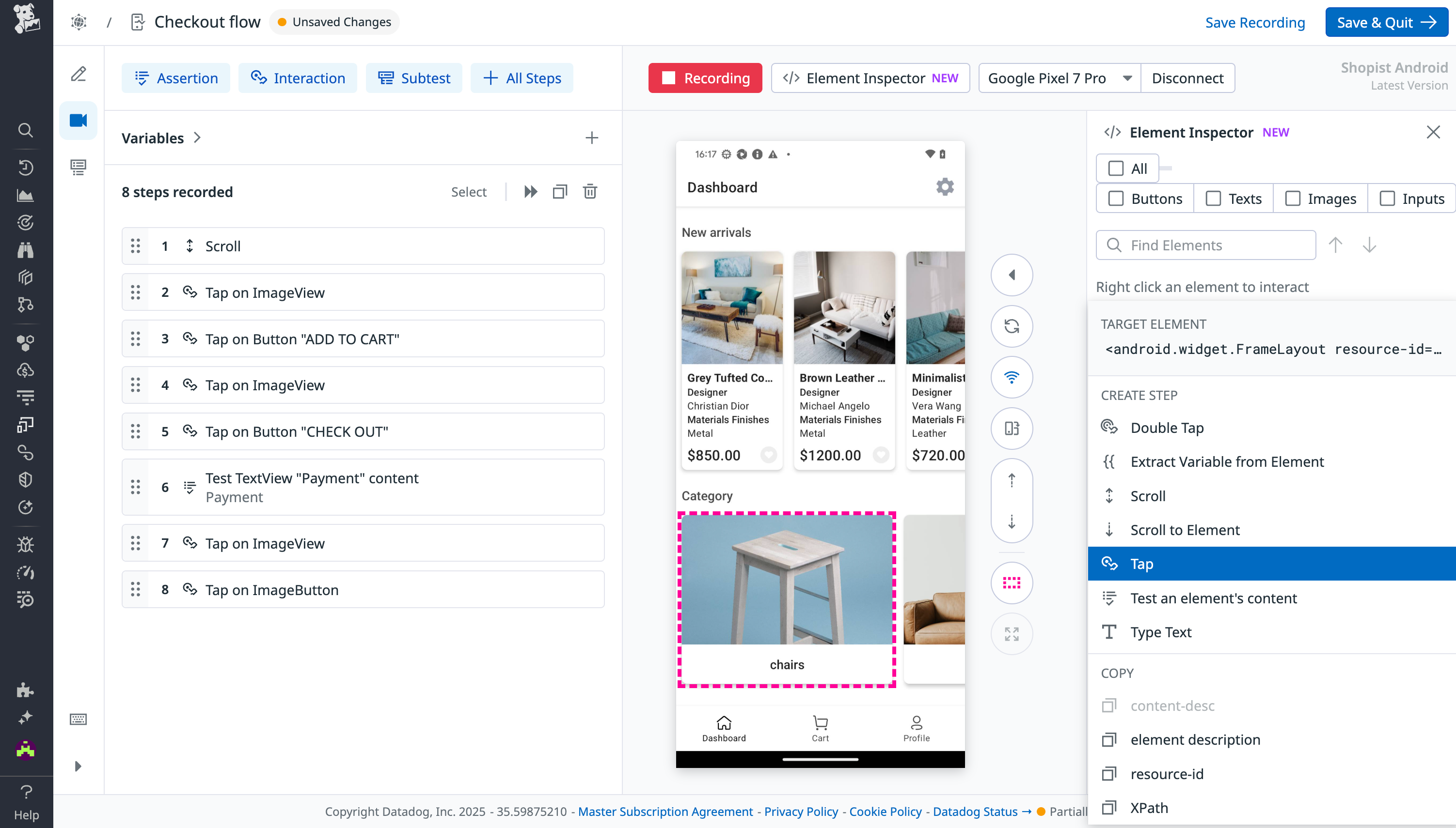 Mobile app testing Element Inspector in Synthetic Monitoring