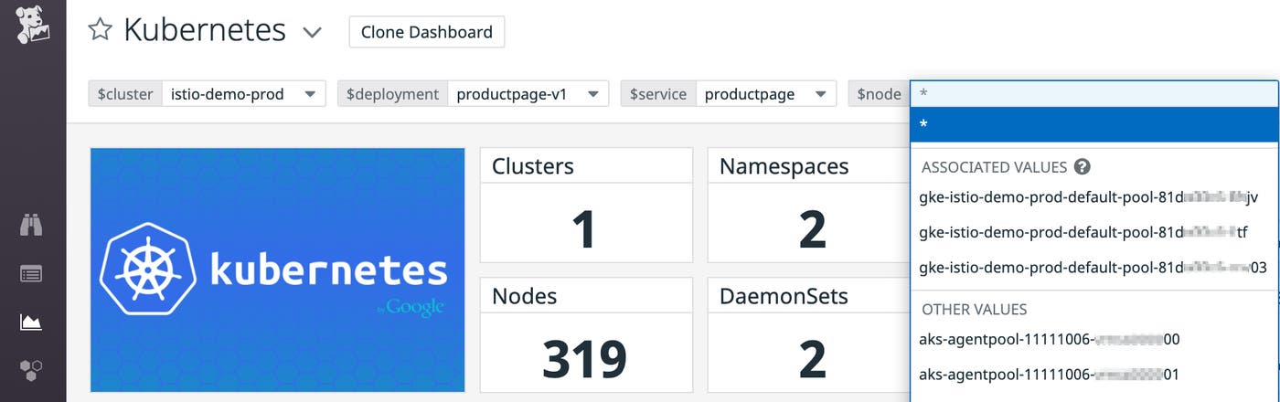 A Kubernetes dashboard shows a list of associated values for the node template variable, which is filtered based on values provided for the cluster, deployment, and service template variables. A Kubernetes dashboard shows a list of associated values for the node template variable, which is filtered based on values provided for the cluster, deployment, and service template variables.