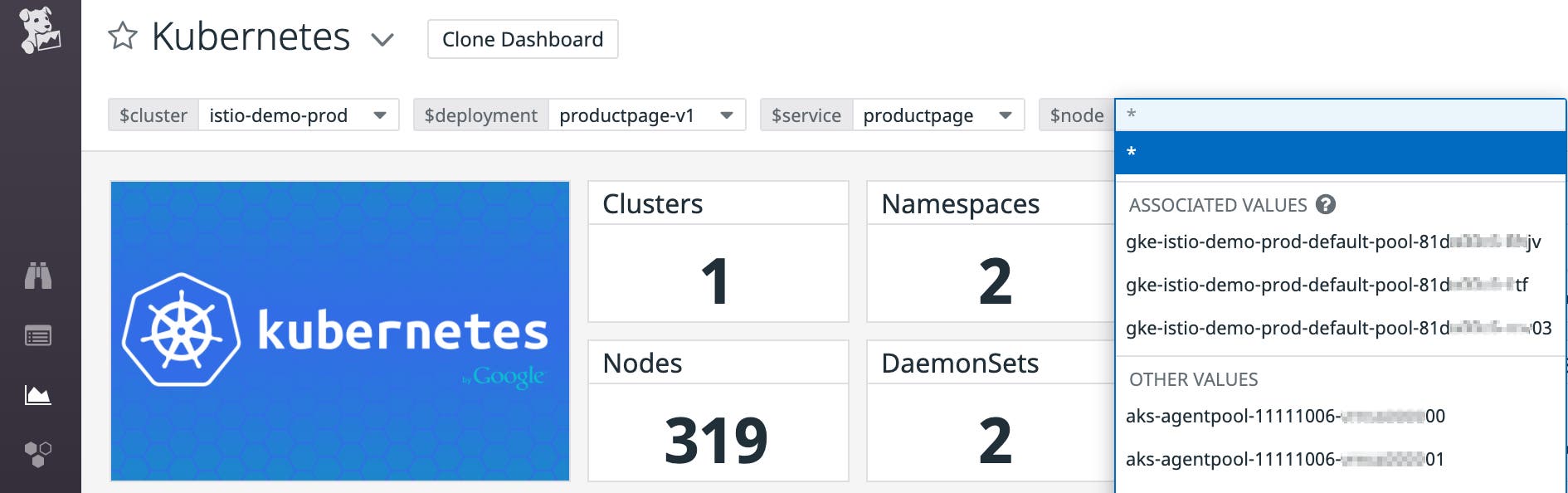 A Kubernetes dashboard shows a list of associated values for the node template variable, which is filtered based on values provided for the cluster, deployment, and service template variables. A Kubernetes dashboard shows a list of associated values for the node template variable, which is filtered based on values provided for the cluster, deployment, and service template variables.