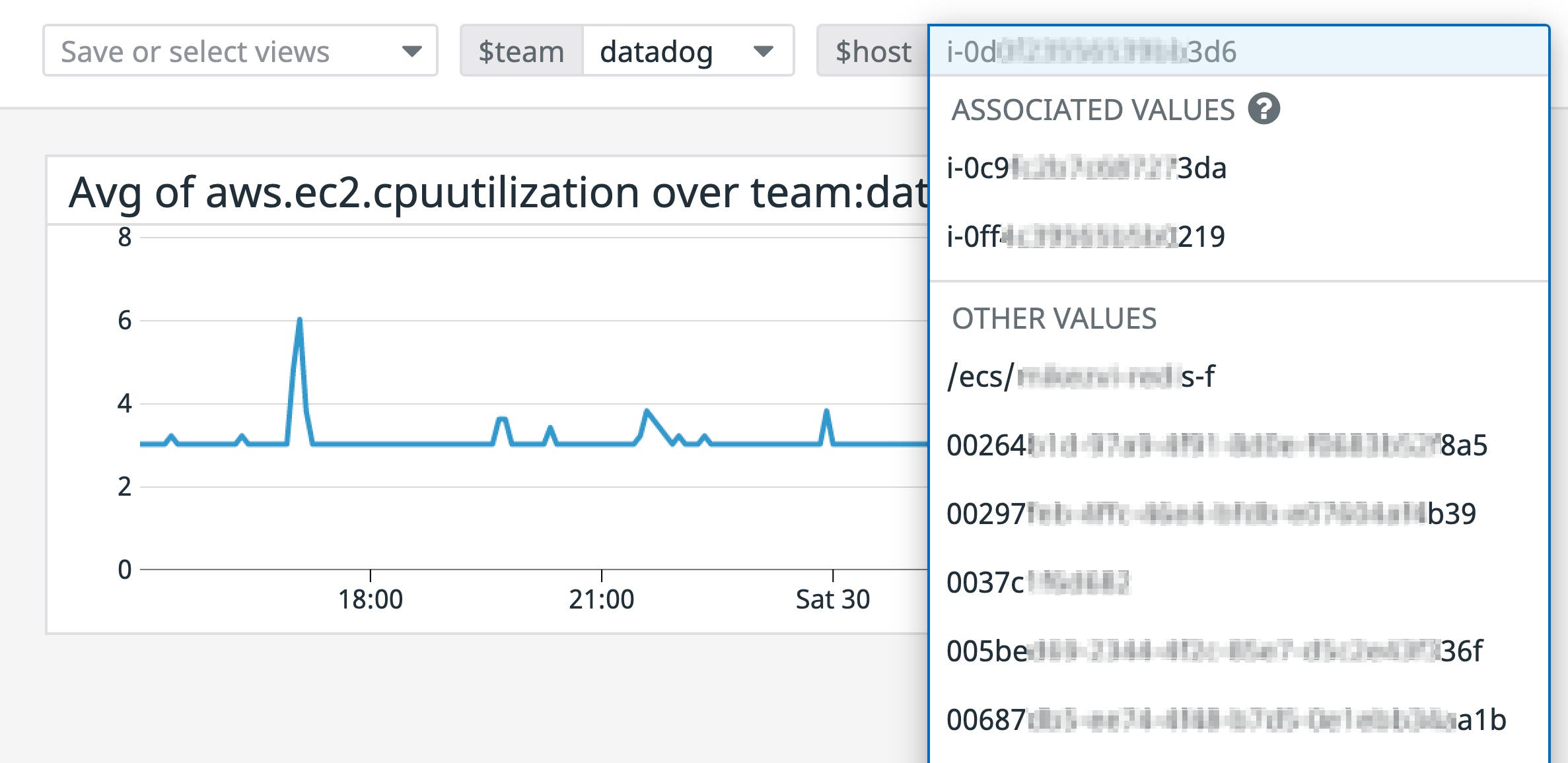 A template variable shows a list of hosts that belong to the Datadog team, as well as other values (hosts not tagged with team:datadog). A template variable shows a list of hosts that belong to the Datadog team, as well as other values (hosts not tagged with team:datadog).