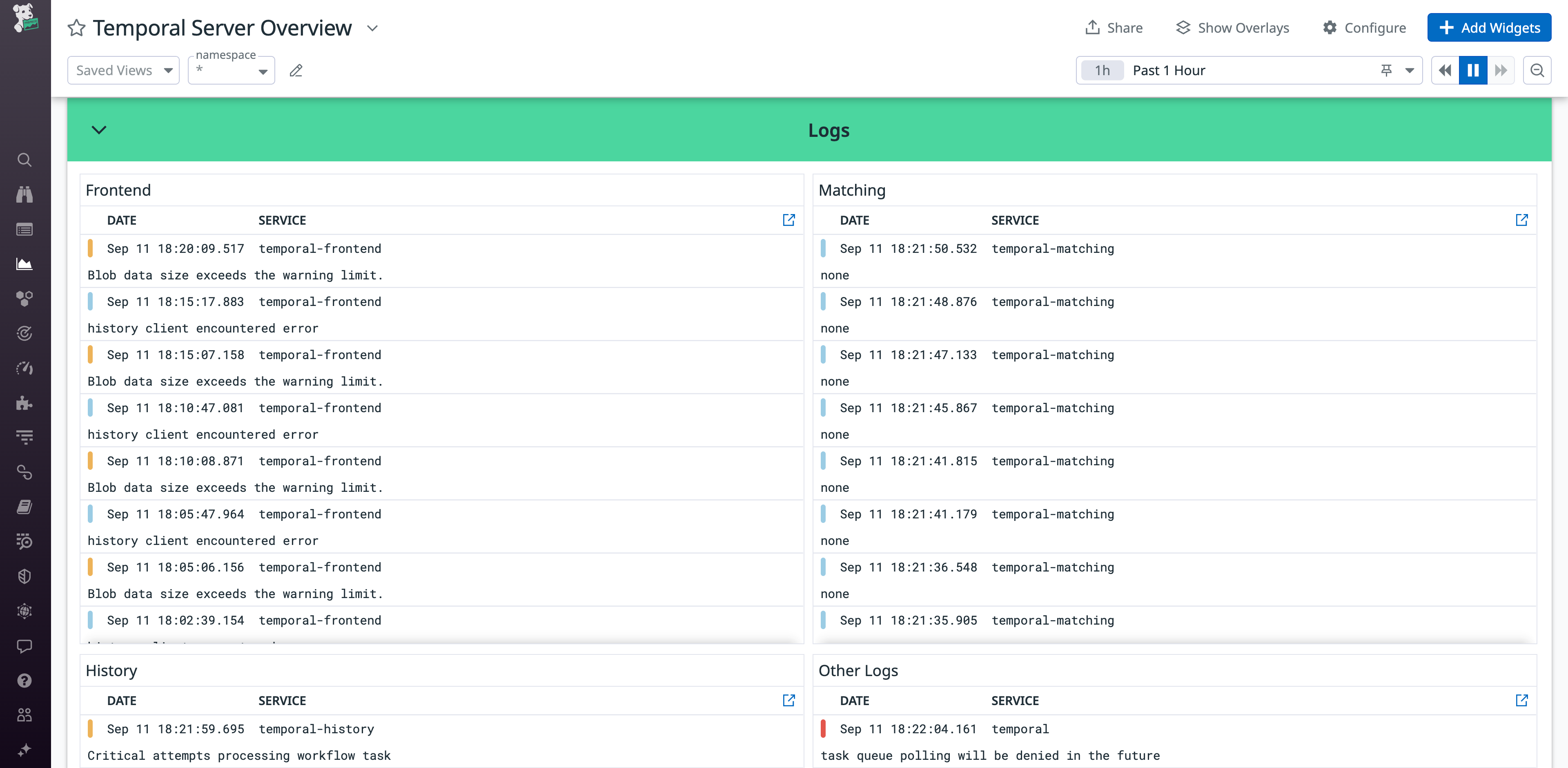 View of frontend, matching, history, and other logs from Temporal Server Overview dashboard