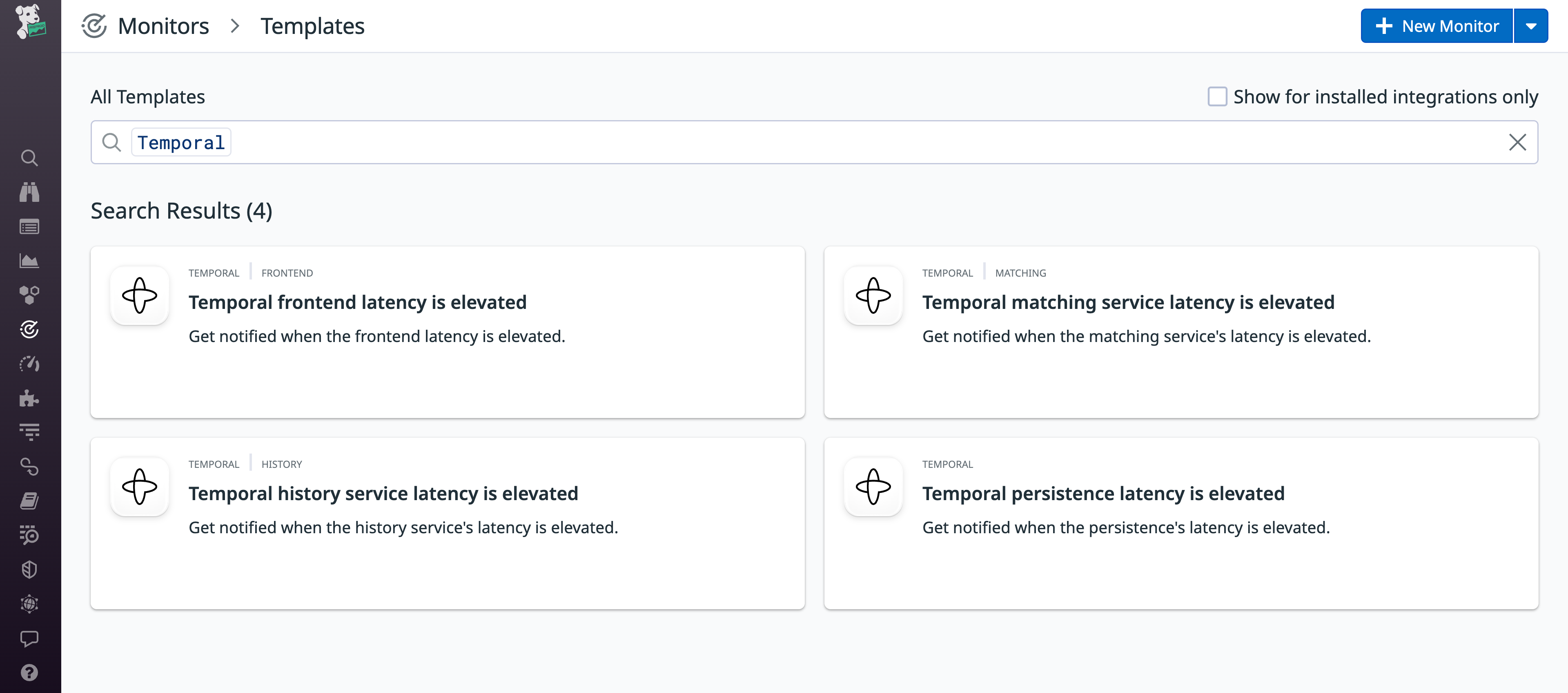 Search results showing Temporal recommended monitors for frontend, matching service, history service, and persistence latency