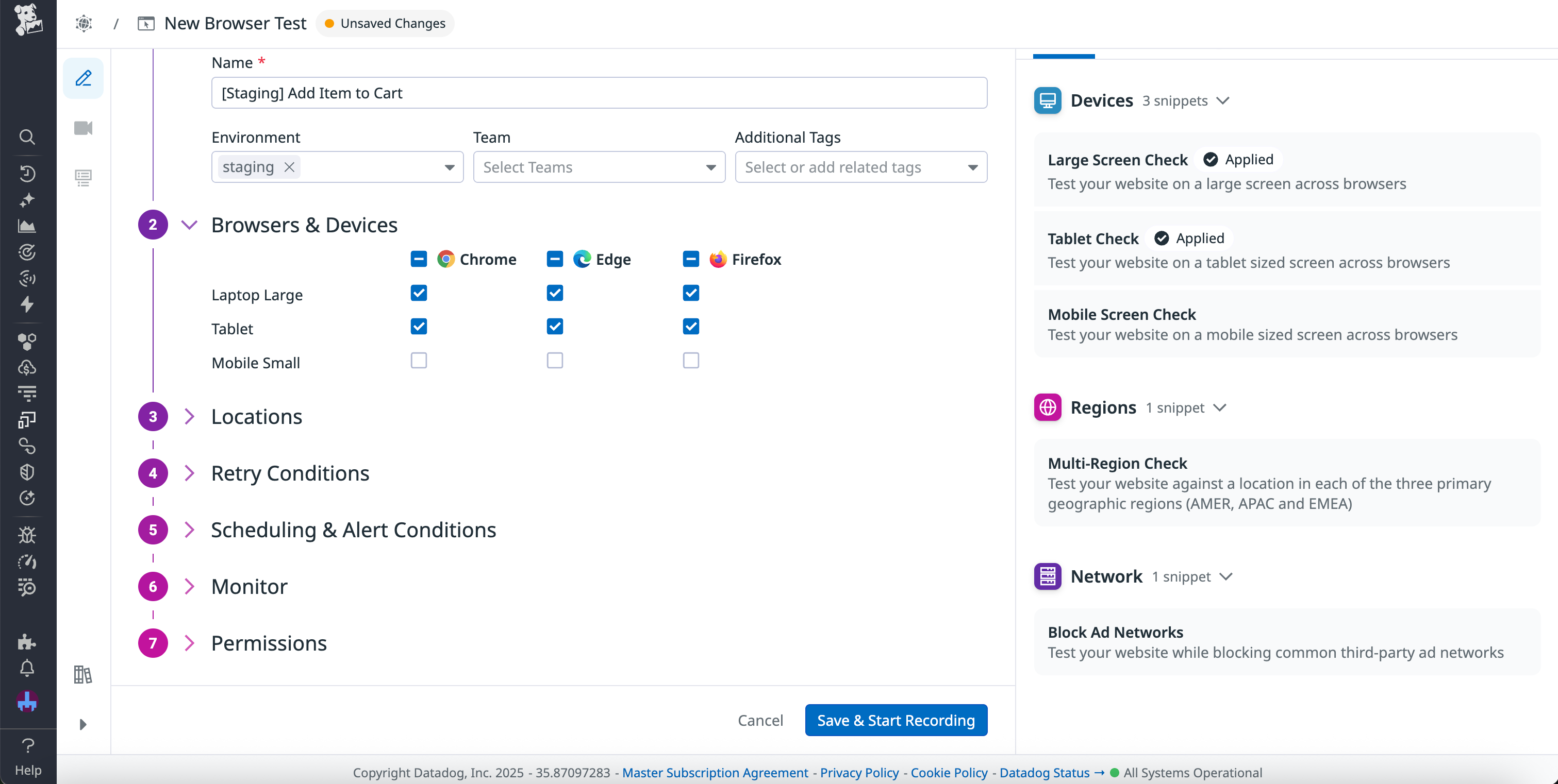 A synthetic test creation window, with the environment set to staging and different device options displayed.