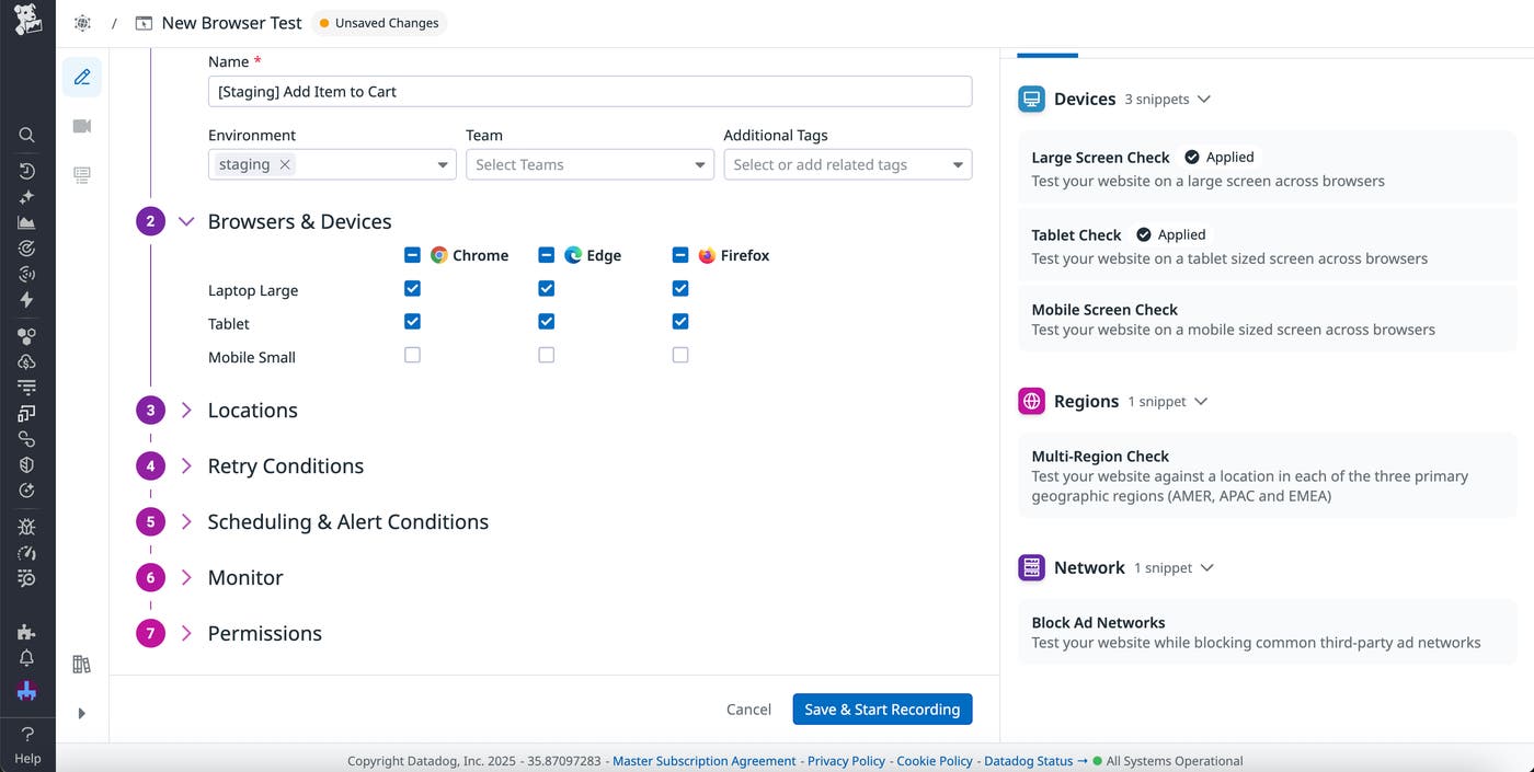 A synthetic test creation window, with the environment set to staging and different device options displayed. A synthetic test creation window, with the environment set to staging and different device options displayed.