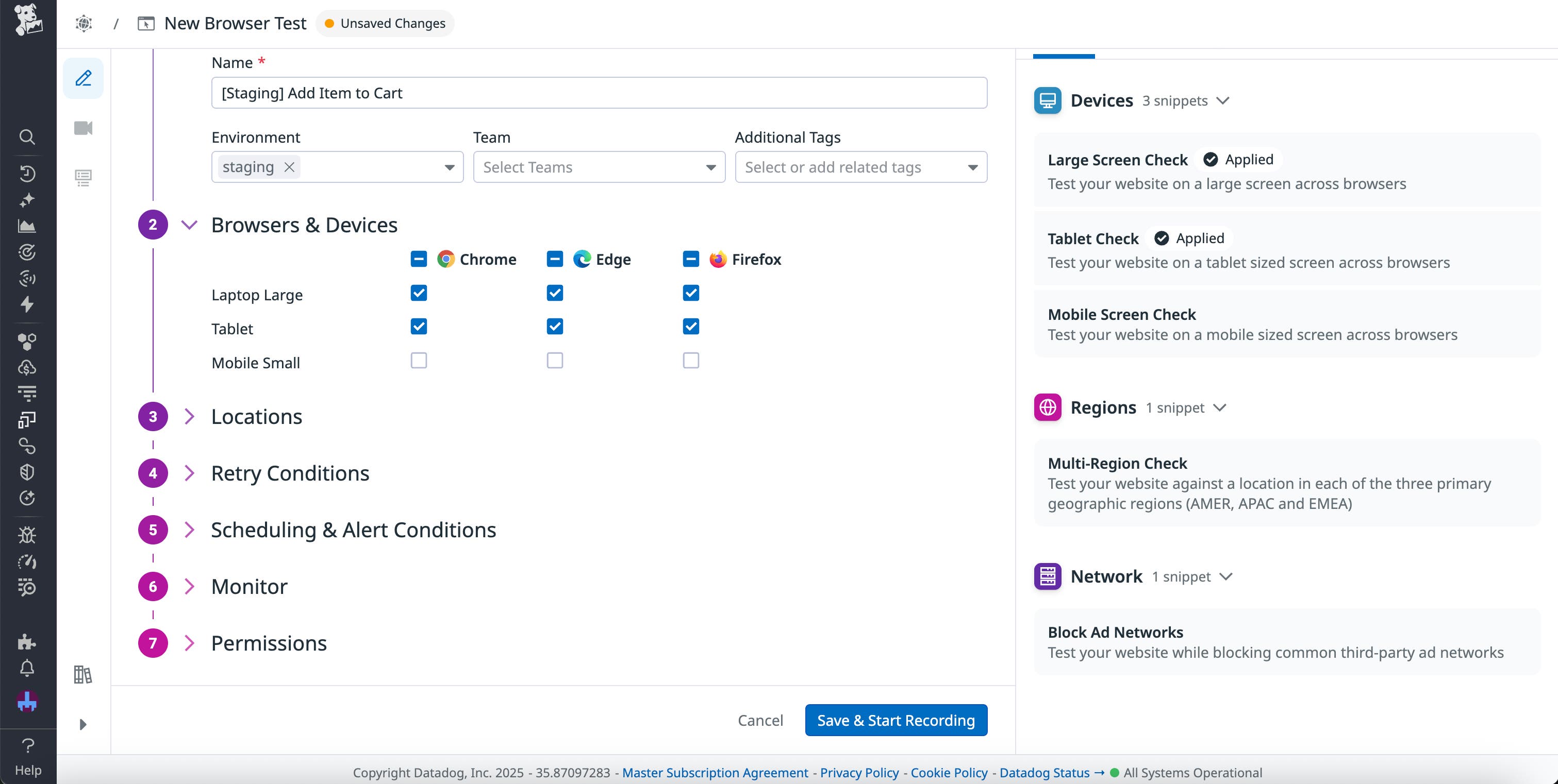 A synthetic test creation window, with the environment set to staging and different device options displayed. A synthetic test creation window, with the environment set to staging and different device options displayed.