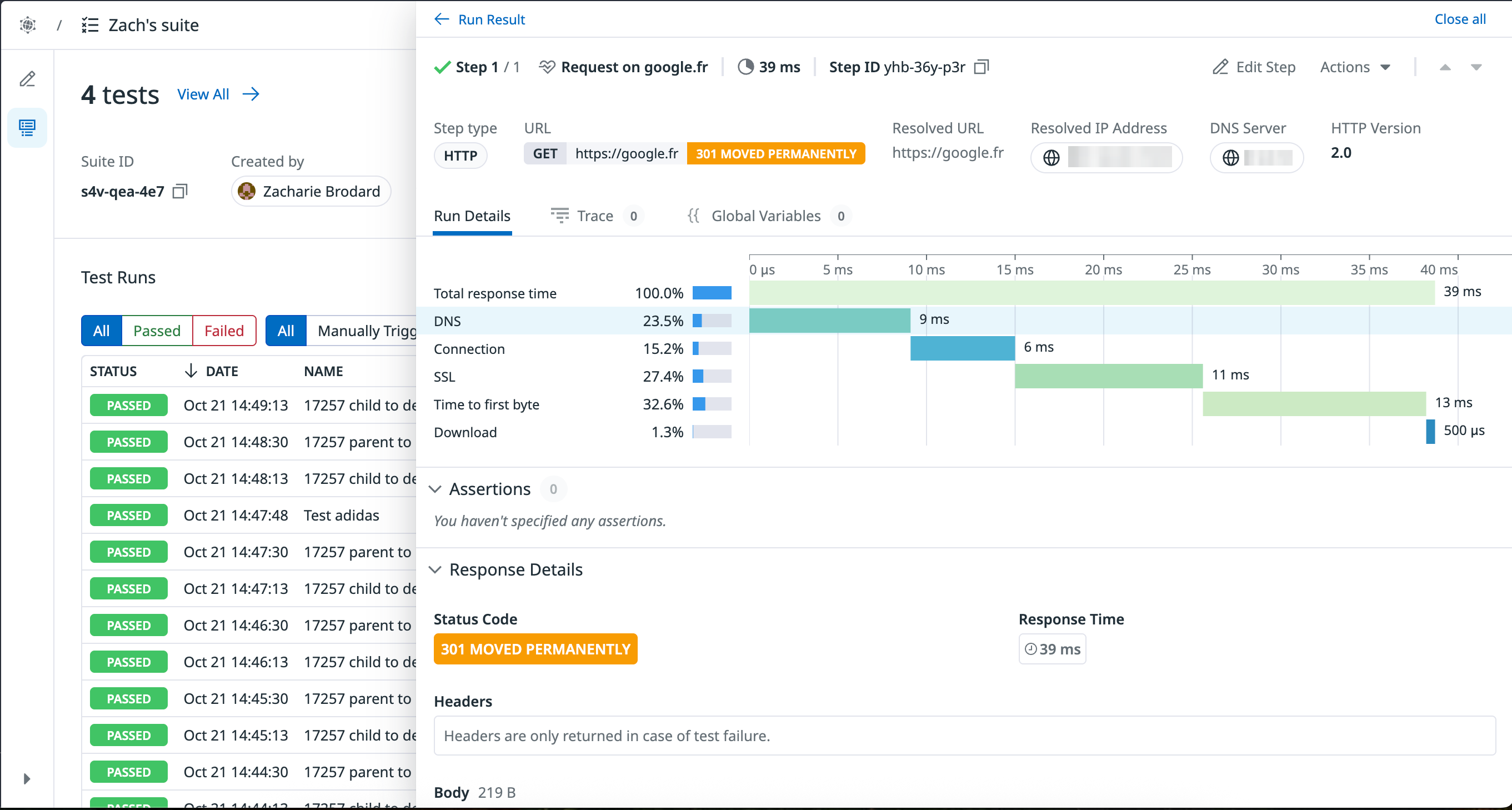 A screenshot showing the results of a particular test run within the test suite view.