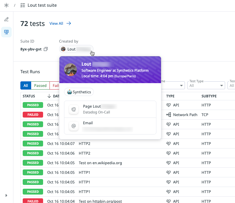 A screenshot showing a list of test results in a suite, and the owner and specific service the suite relates to.