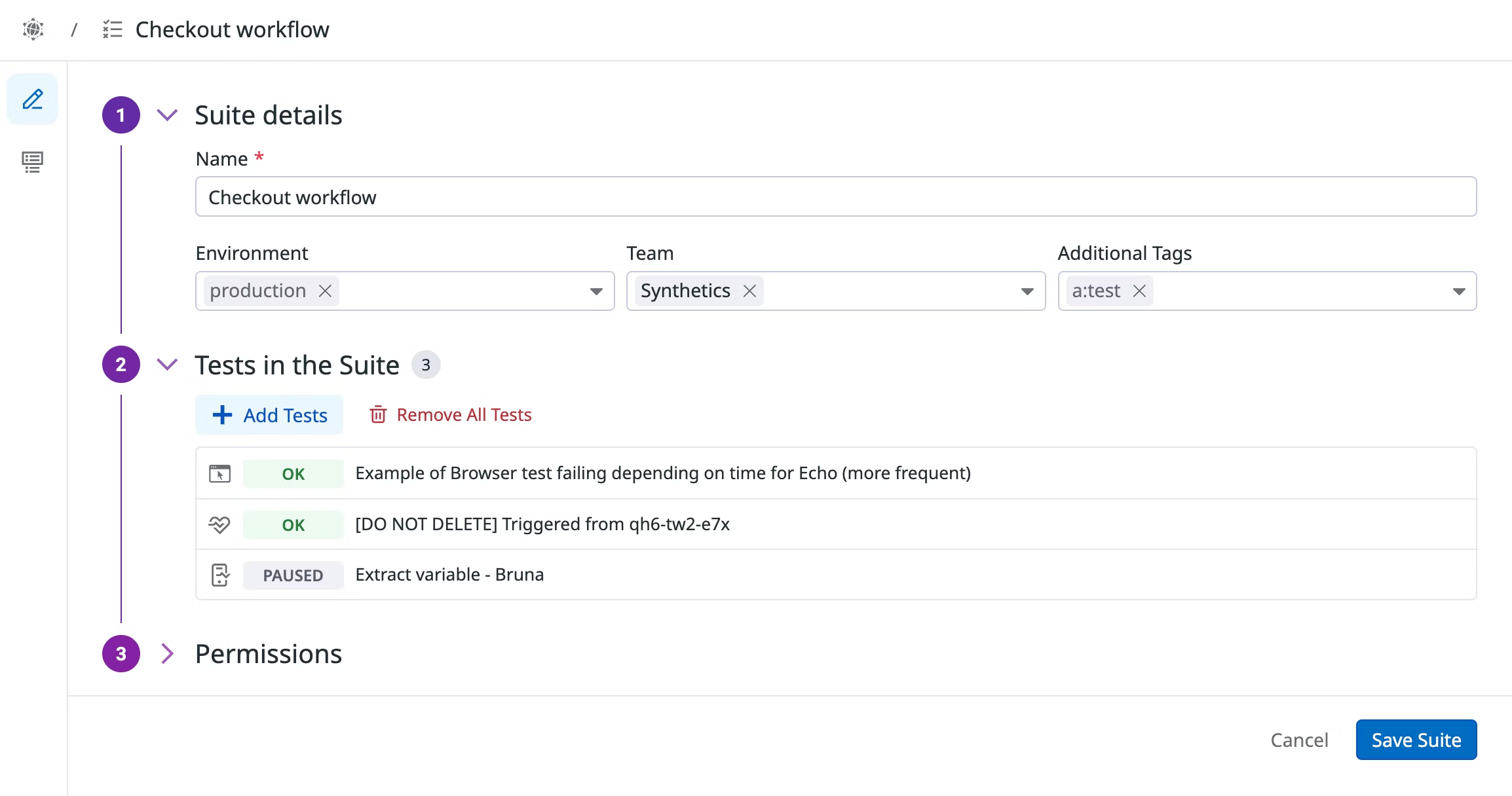 A screenshot showing the creation of a test suite, including choosing specific tests to include in the suite.