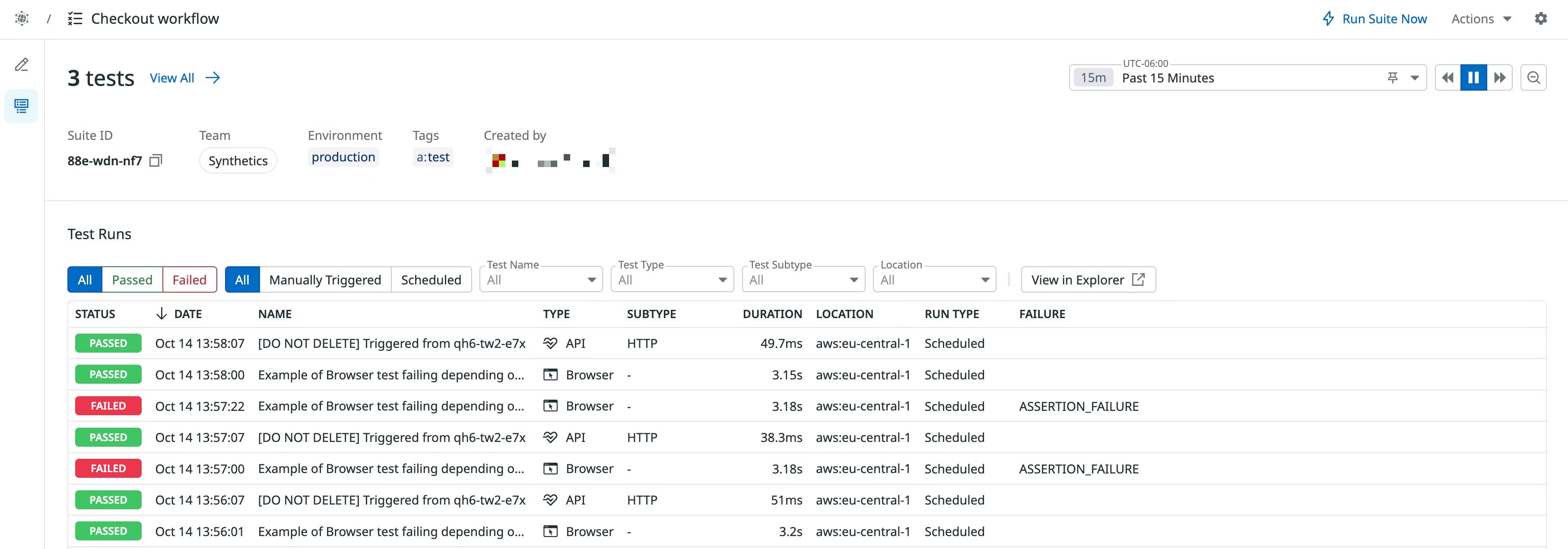 A screenshot showing a list of test results for a particular test suite, including passing and failing test runs. A screenshot showing a list of test results for a particular test suite, including passing and failing test runs.