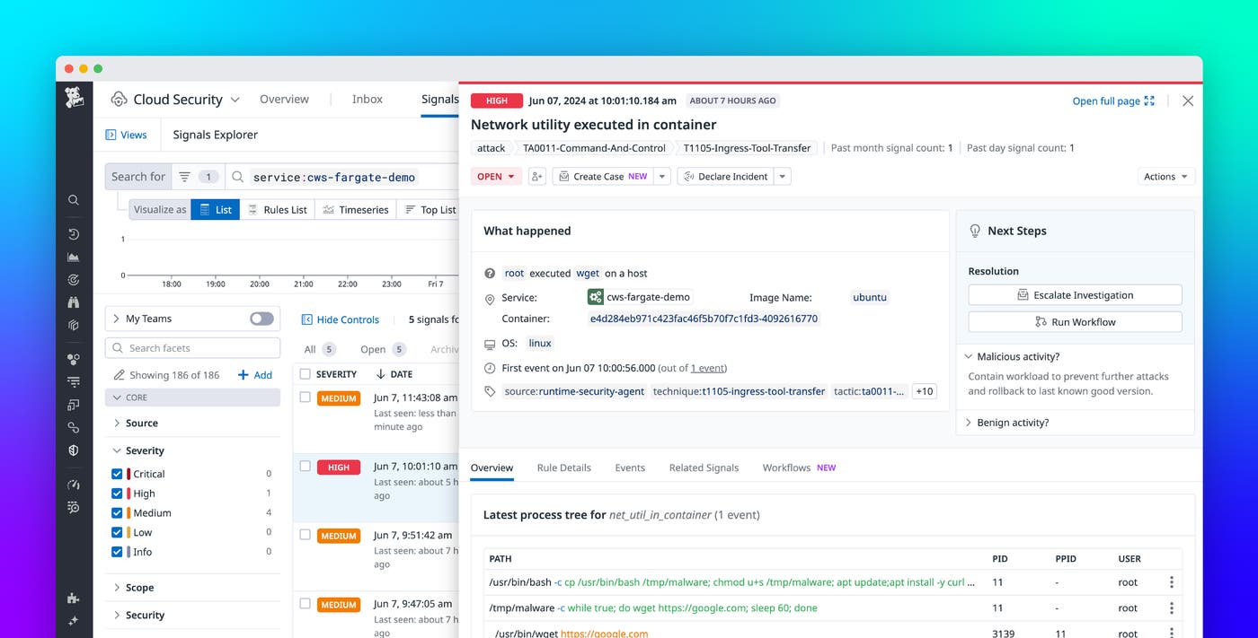 Get real-time threat detection for AWS Fargate ECS and EKS environments with Datadog Cloud Security Get real-time threat detection for AWS Fargate ECS and EKS environments with Datadog Cloud Security
