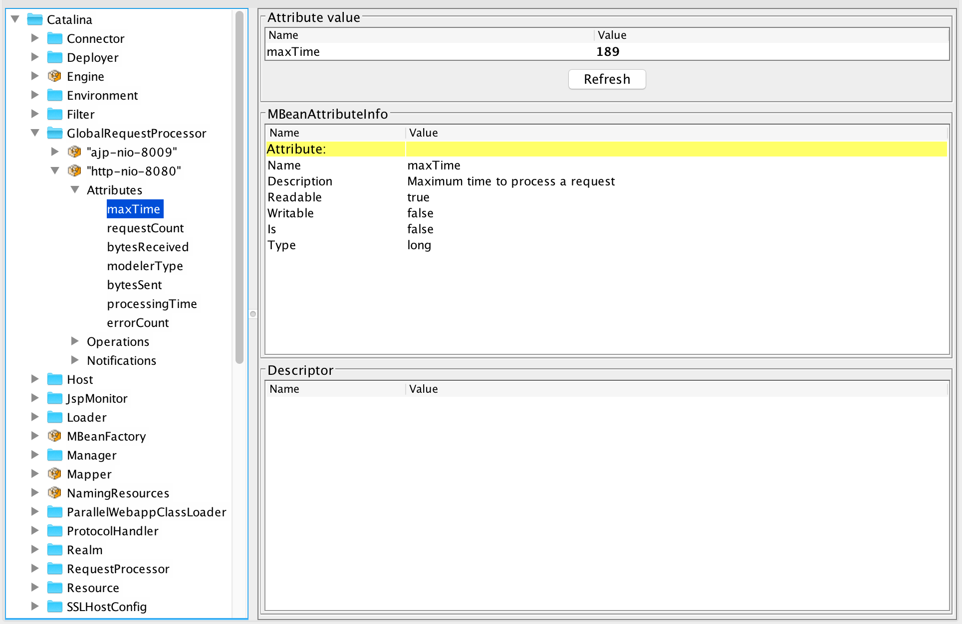 JConsole MBeans tab for Tomcat JMX monitoring