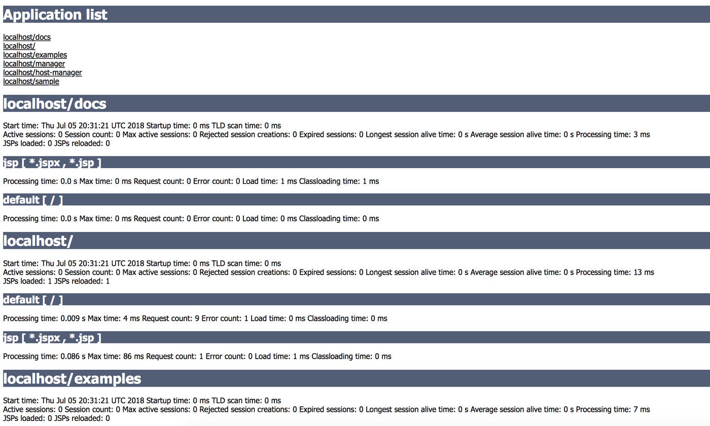 The Tomcat monitoring manager application list The Tomcat monitoring manager application list