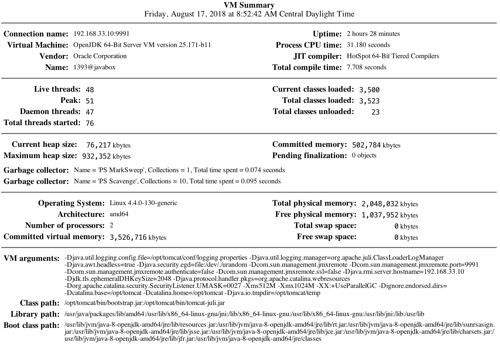 Tomcat monitoring tool JConsole VM Summary tab