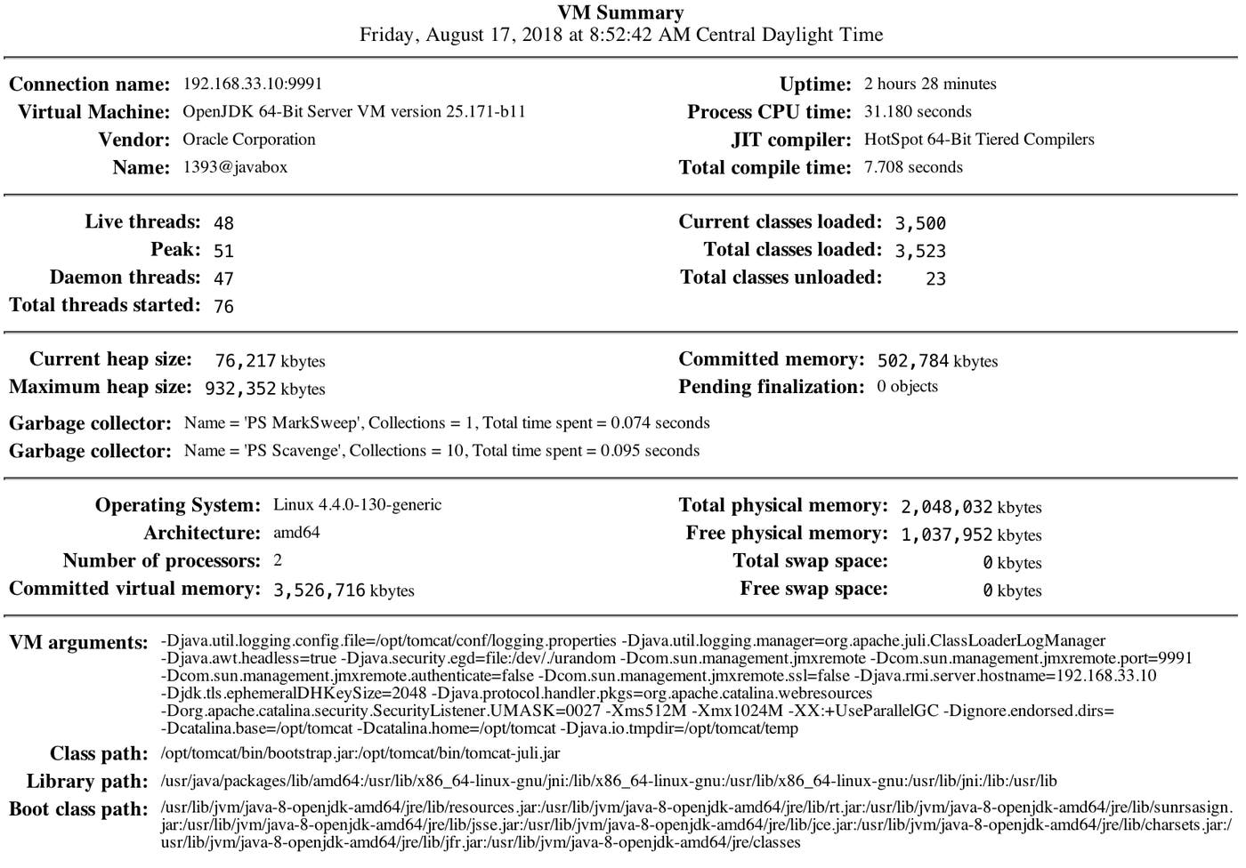 Tomcat monitoring tool JConsole VM Summary tab Tomcat monitoring tool JConsole VM Summary tab