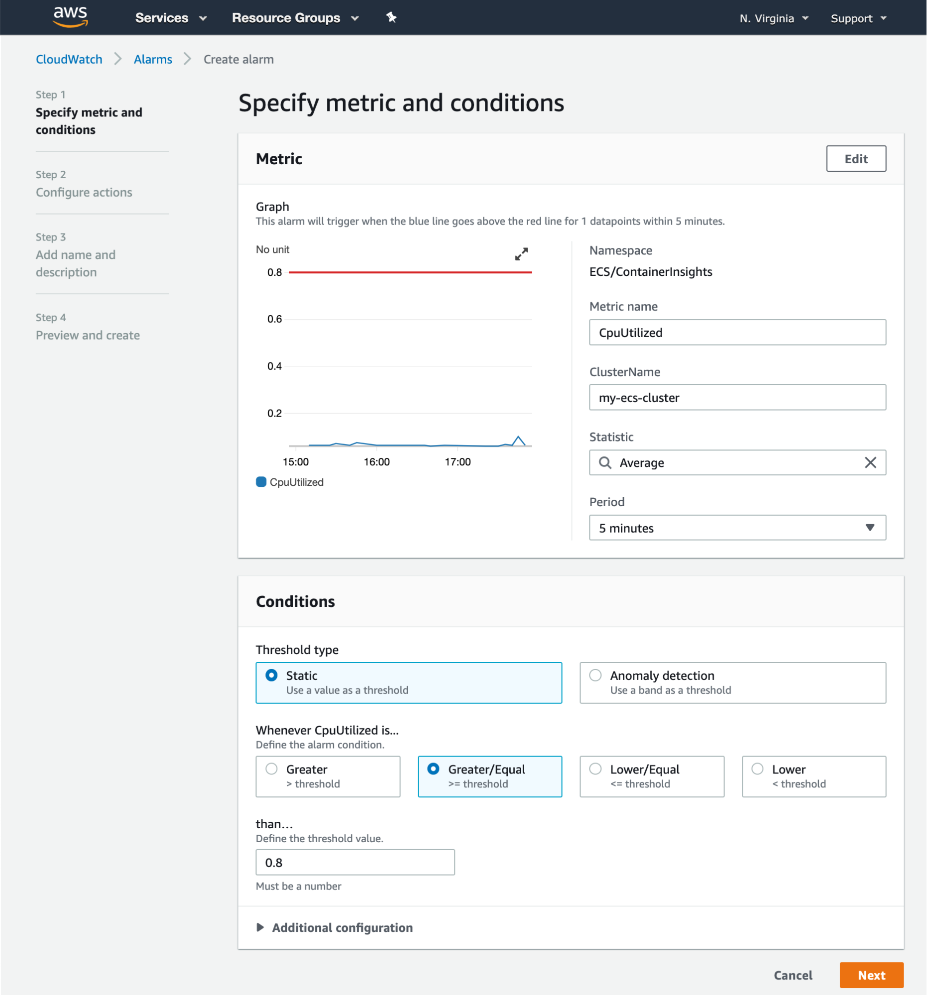 A CloudWatch alarm screen shows controls for choosing the ECS metric to alert on, as well as the ECS cluster, statistic, and period.