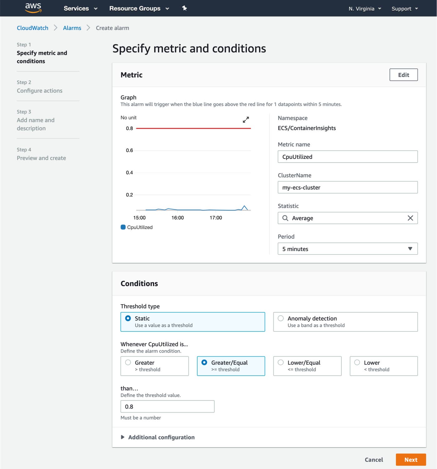 A CloudWatch alarm screen shows controls for choosing the ECS metric to alert on, as well as the ECS cluster, statistic, and period. A CloudWatch alarm screen shows controls for choosing the ECS metric to alert on, as well as the ECS cluster, statistic, and period.