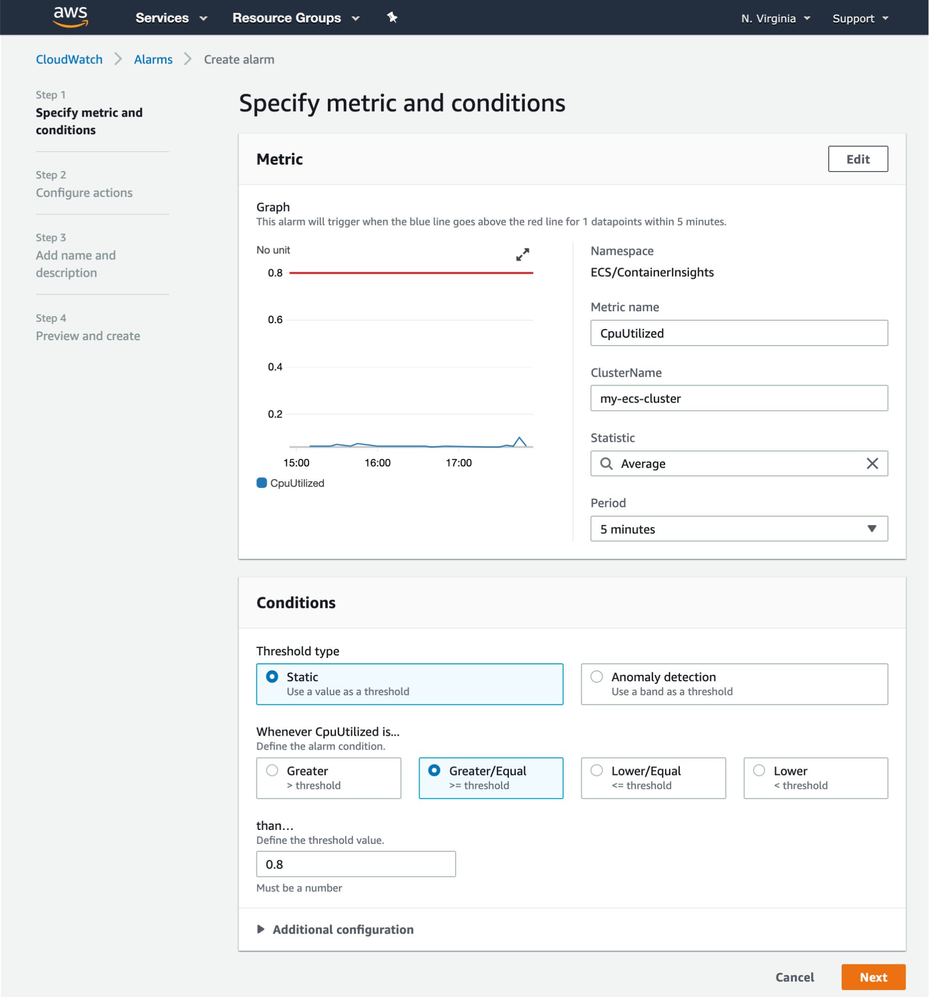 A CloudWatch alarm screen shows controls for choosing the ECS metric to alert on, as well as the ECS cluster, statistic, and period. A CloudWatch alarm screen shows controls for choosing the ECS metric to alert on, as well as the ECS cluster, statistic, and period.