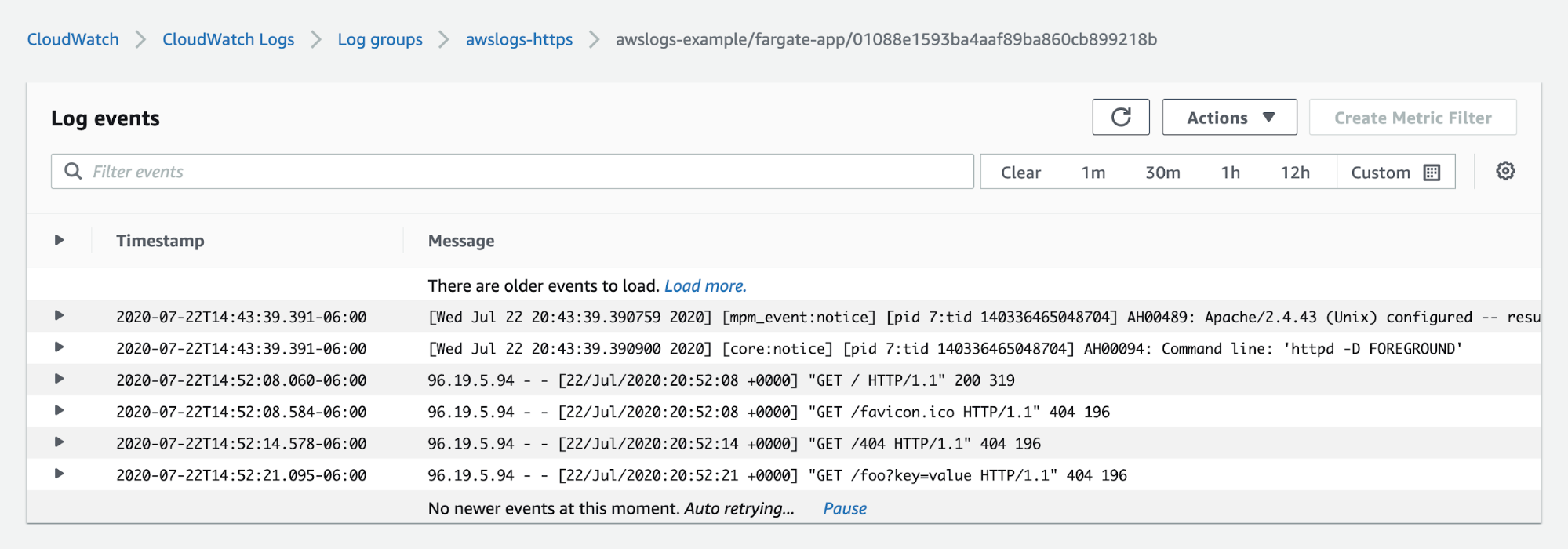 The CloudWatch Logs console shows six logs from the awslogs-https logs group, four of which log GET requests to the HTTP server.