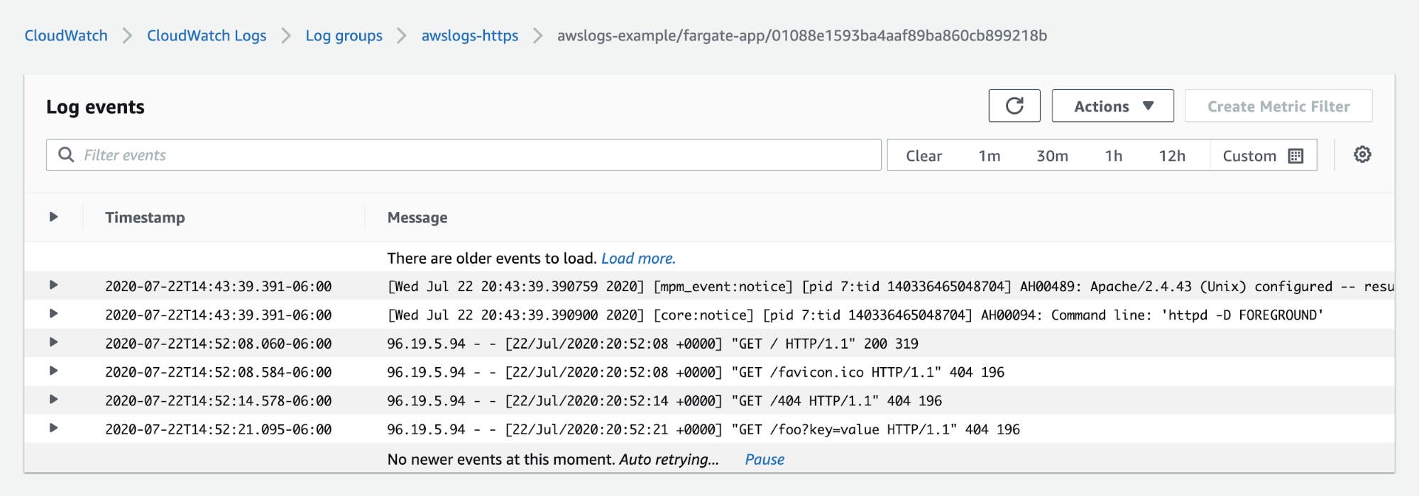 The CloudWatch Logs console shows six logs from the awslogs-https logs group, four of which log GET requests to the HTTP server. The CloudWatch Logs console shows six logs from the awslogs-https logs group, four of which log GET requests to the HTTP server.