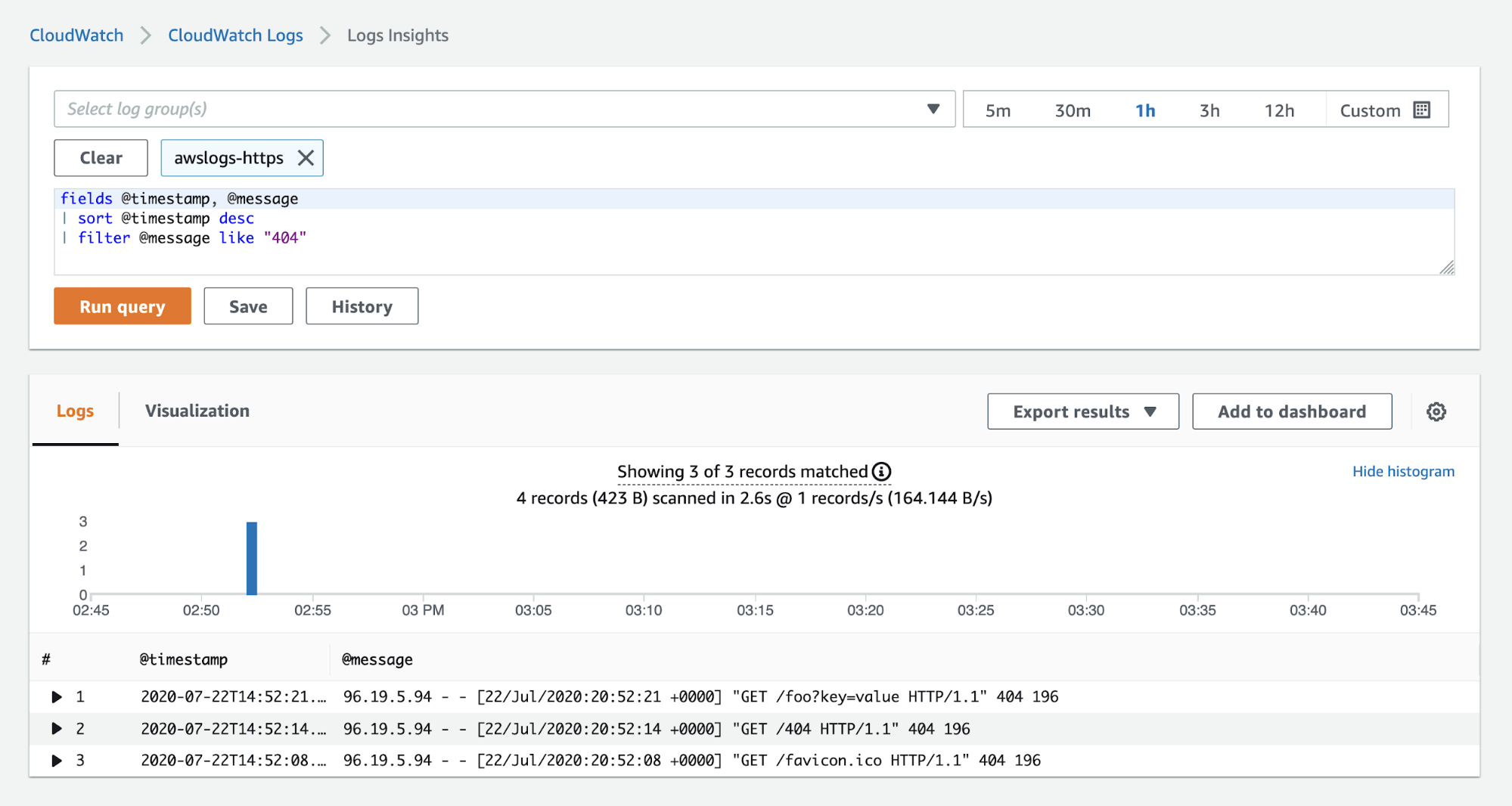 A CloudWatch Logs Insights query appears on the top of the page, and the query result is visualized on the bottom of the page as a histogram and a list of logs that match the query parameters.
