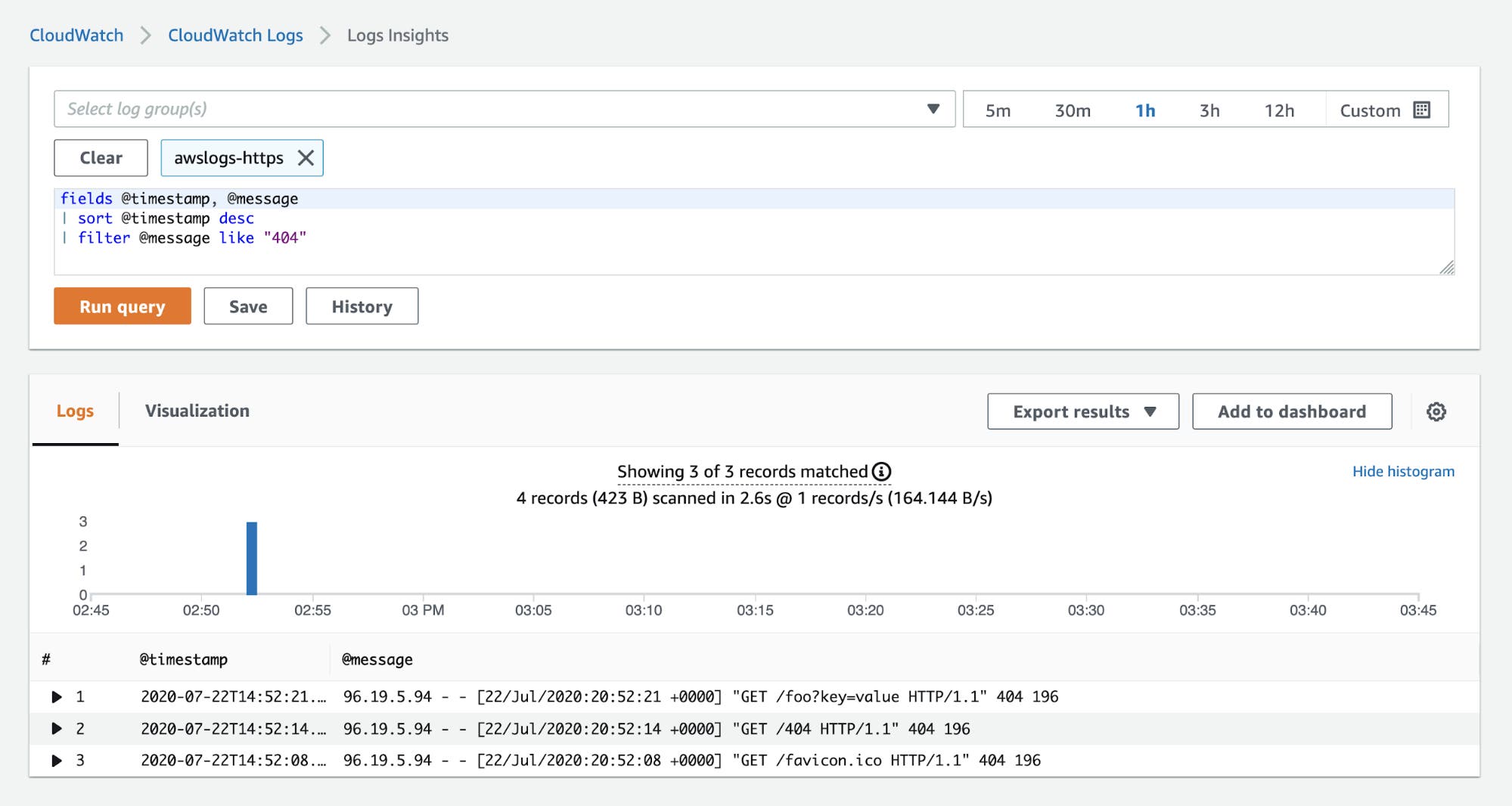 A CloudWatch Logs Insights query appears on the top of the page, and the query result is visualized on the bottom of the page as a histogram and a list of logs that match the query parameters. A CloudWatch Logs Insights query appears on the top of the page, and the query result is visualized on the bottom of the page as a histogram and a list of logs that match the query parameters.