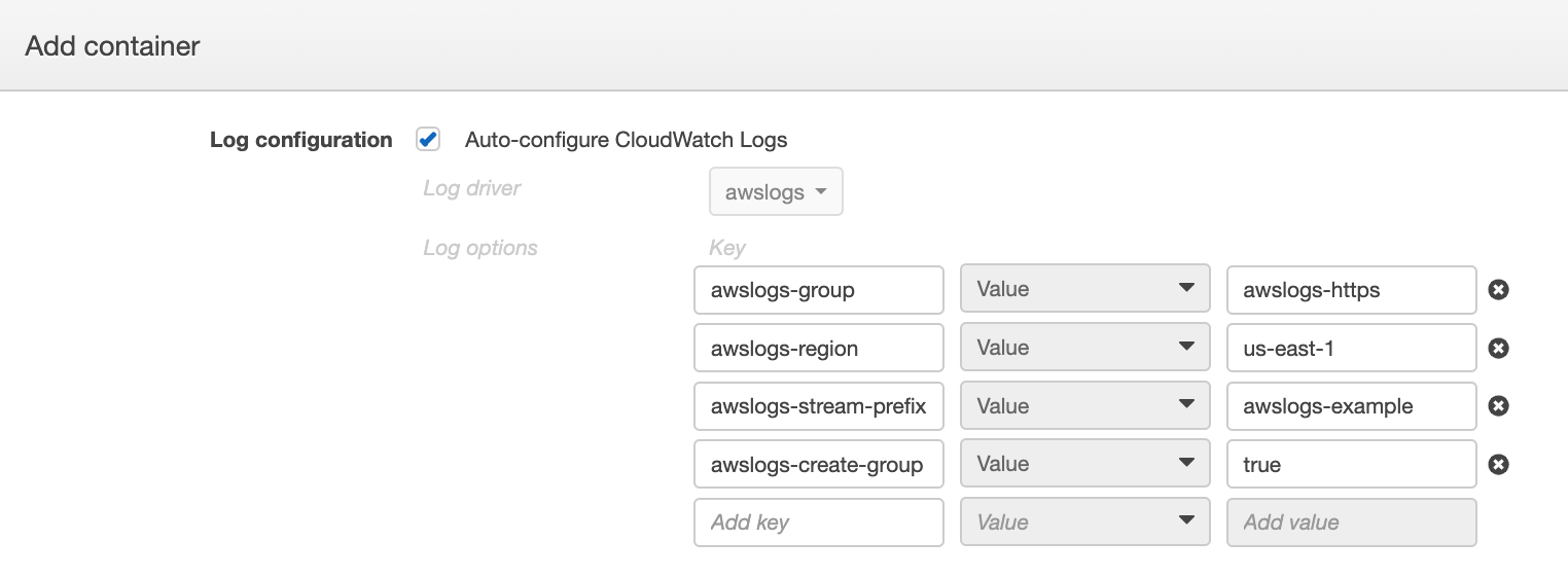 The Add Container section of the screen to create a new ECS task shows fields for entering the AWS logs group, the AWS logs region, and the AWS logs stream prefix.