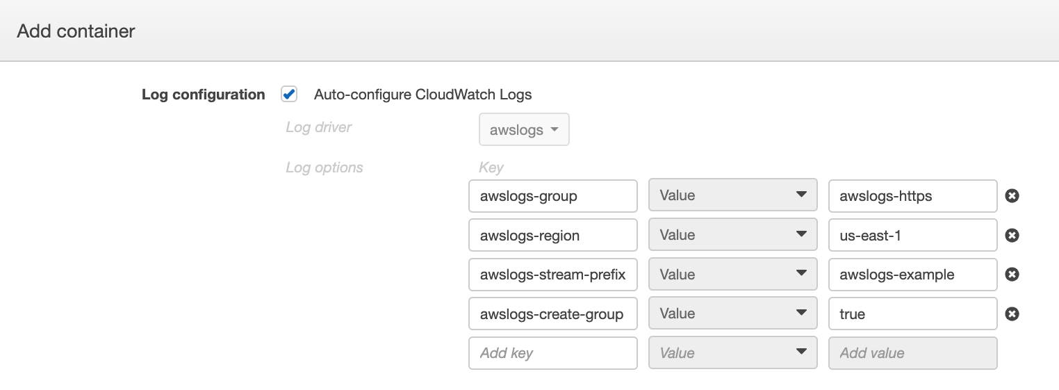 The Add Container section of the screen to create a new ECS task shows fields for entering the AWS logs group, the AWS logs region, and the AWS logs stream prefix. The Add Container section of the screen to create a new ECS task shows fields for entering the AWS logs group, the AWS logs region, and the AWS logs stream prefix.