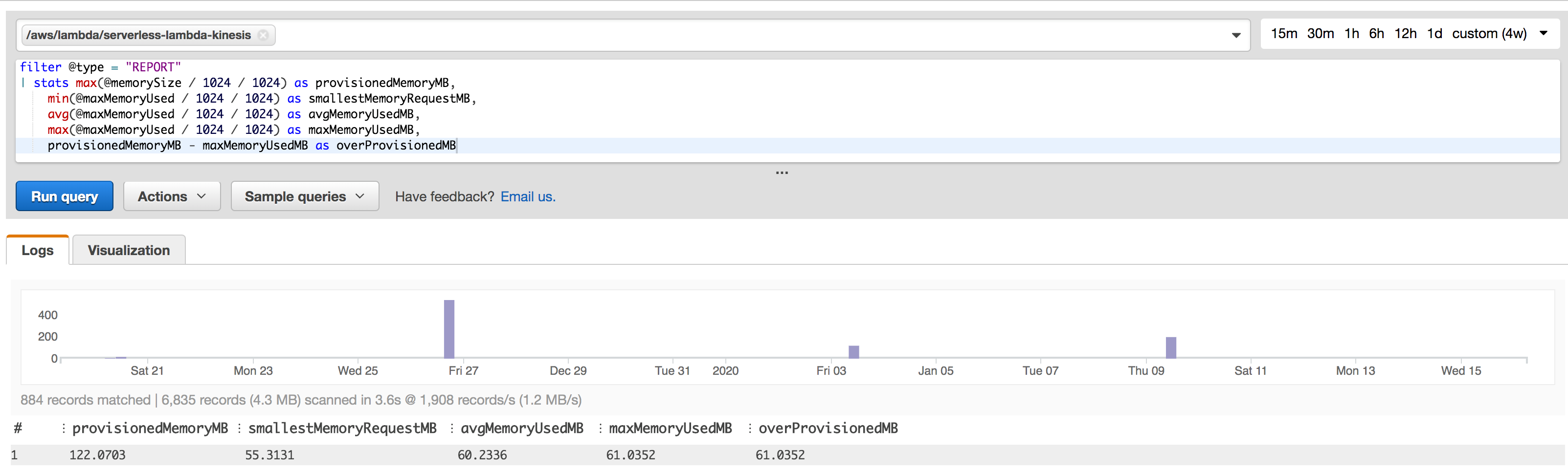 Use AWS CloudWatch Insights to query data about your Lambda functions.