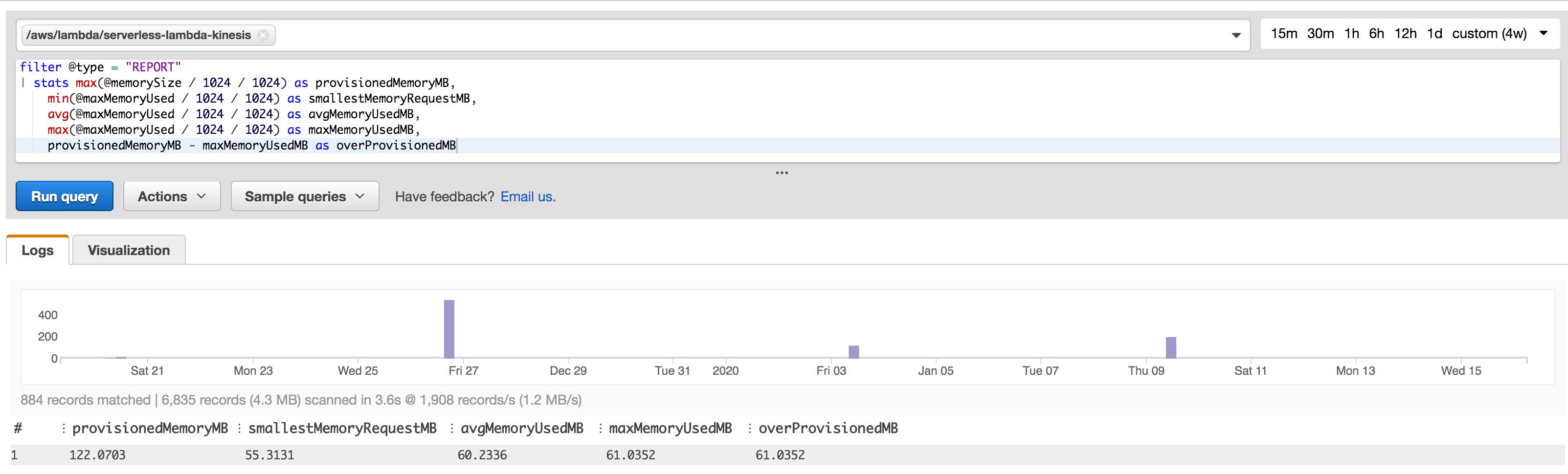 Use AWS CloudWatch Insights to query data about your Lambda functions. Use AWS CloudWatch Insights to query data about your Lambda functions.