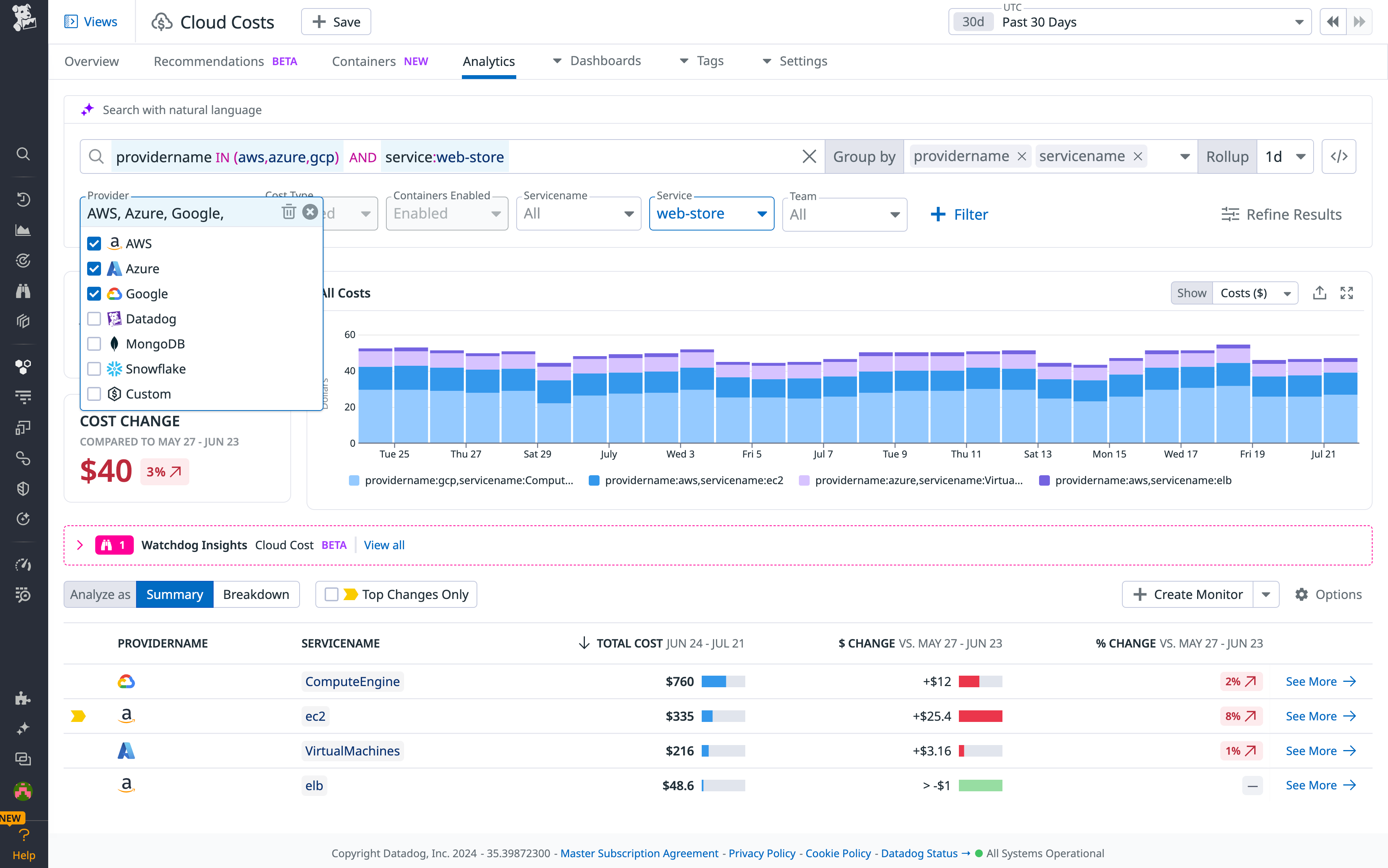 You can filter Cloud Cost analytics by provider, cost type, service, and team
