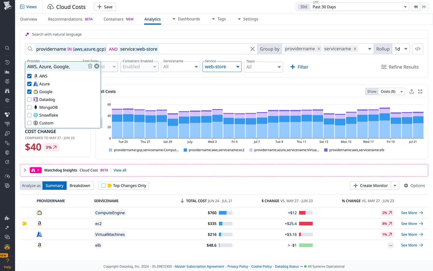 You can filter Cloud Cost analytics by provider, cost type, service, and team You can filter Cloud Cost analytics by provider, cost type, service, and team
